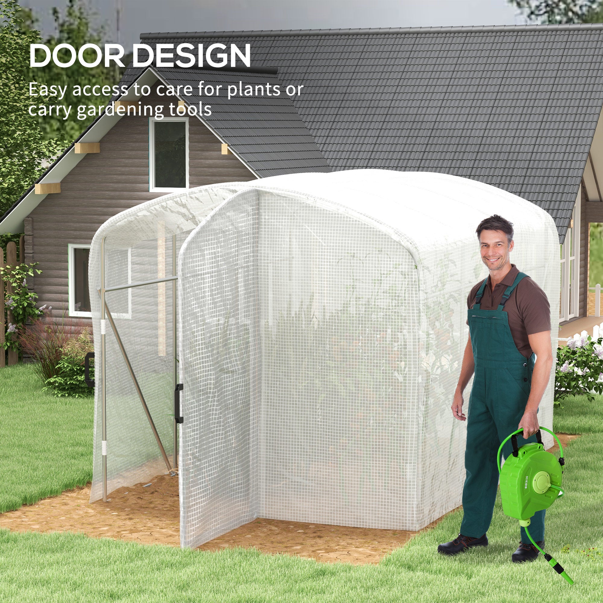Outsunny Polytunnel Greenhouse Walk-in Grow House with UV-resistant PE Cover, Door and Galvanised Steel Frame, 2 x 2 x 2m, White - North Peak Garden Furniture