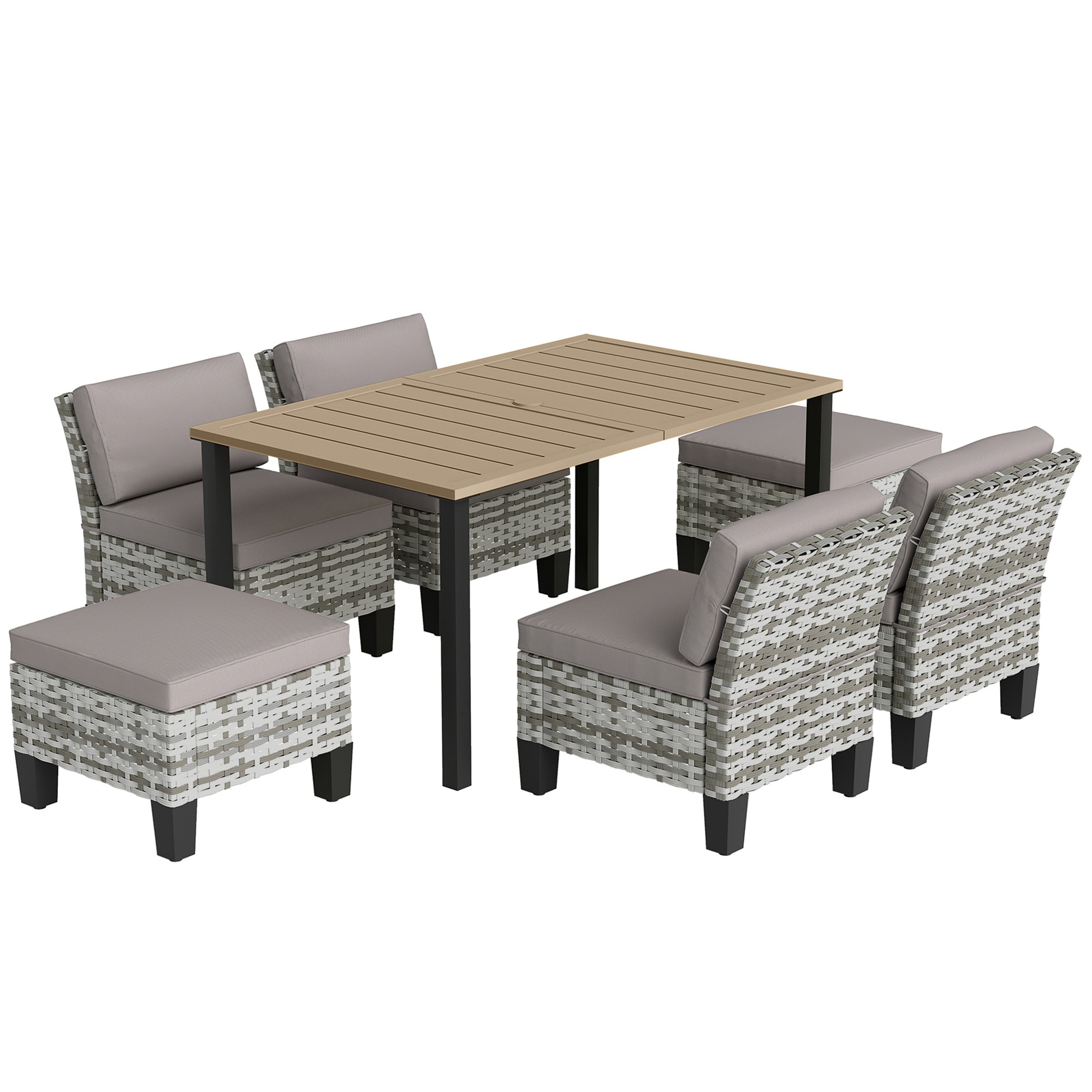 Outsunny 7-Piece Rattan Garden Dining Set, 6 Seater Wicker Garden Furniture Set with Seat and Back Cushions, Umbrella Hole, Patio Table and Chairs with Slatted Metal Top Table for Balcony, Grey