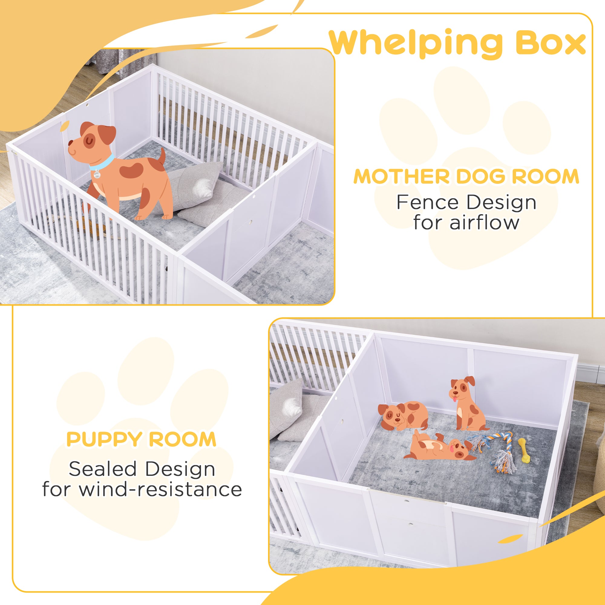 PawHut 7 Panels Playpen with 3 Doors for Baby Dogs, Two-Room Design Puppy Whelping Box - White - North Peak Garden Furniture