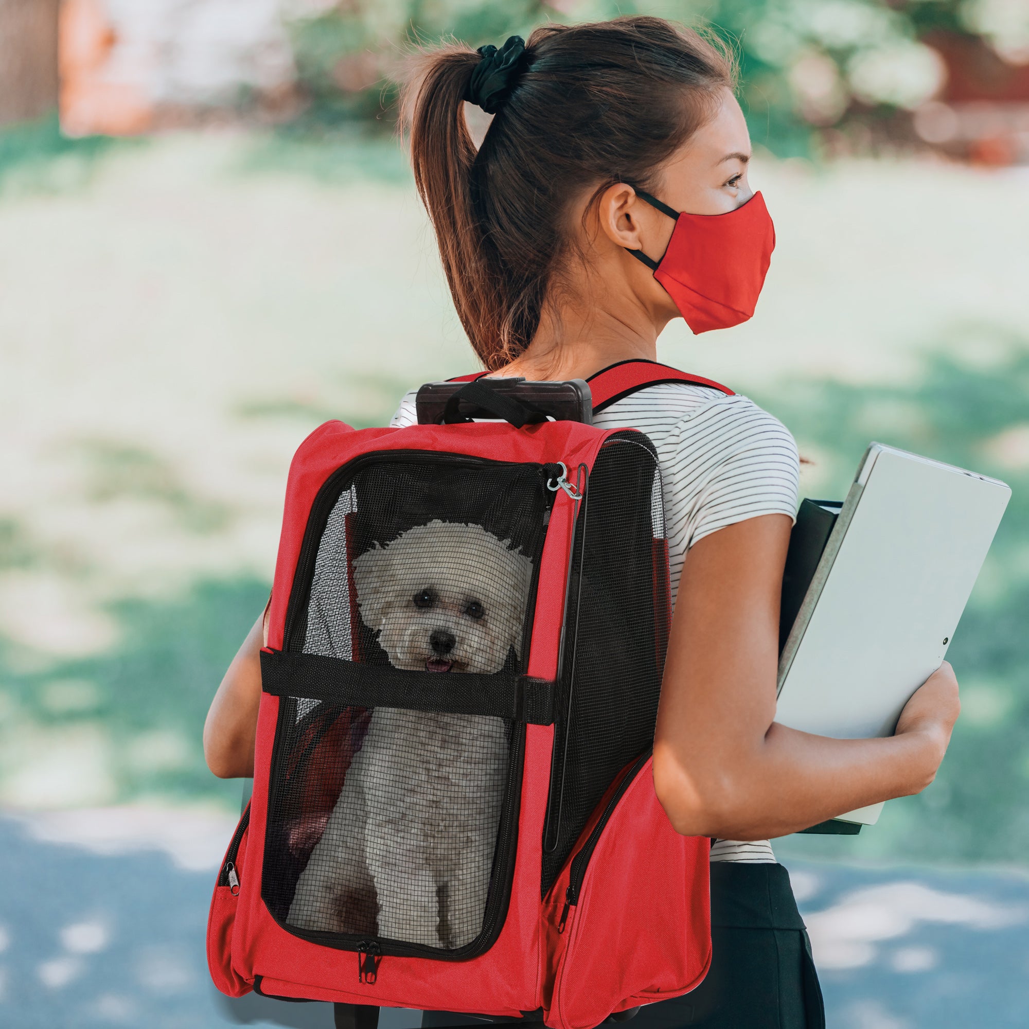 PawHut Pet Travel Backpack Bag Cat Puppy Dog Carrier w/ Trolley and Telescopic Handle Portable Stroller Wheel Luggage Bag (Red)