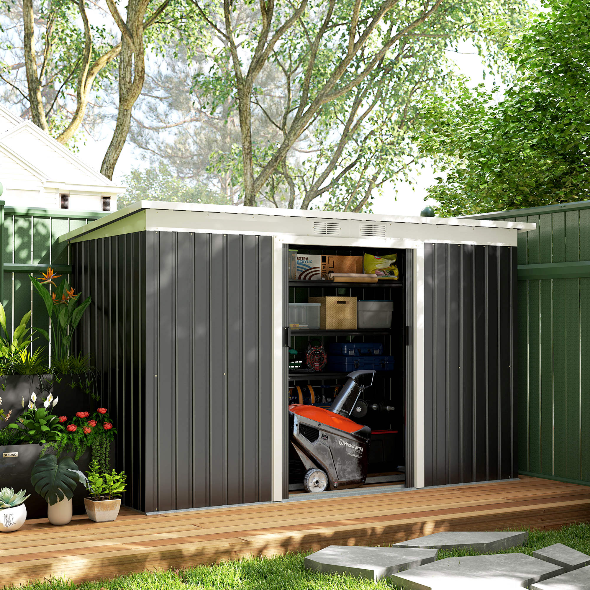 Outsunny 9ft x 4ft Metal Garden Shed, Outdoor Tool House with Foundation Kit, Ventilations and Double Doors, Dark Grey - North Peak Garden Furniture
