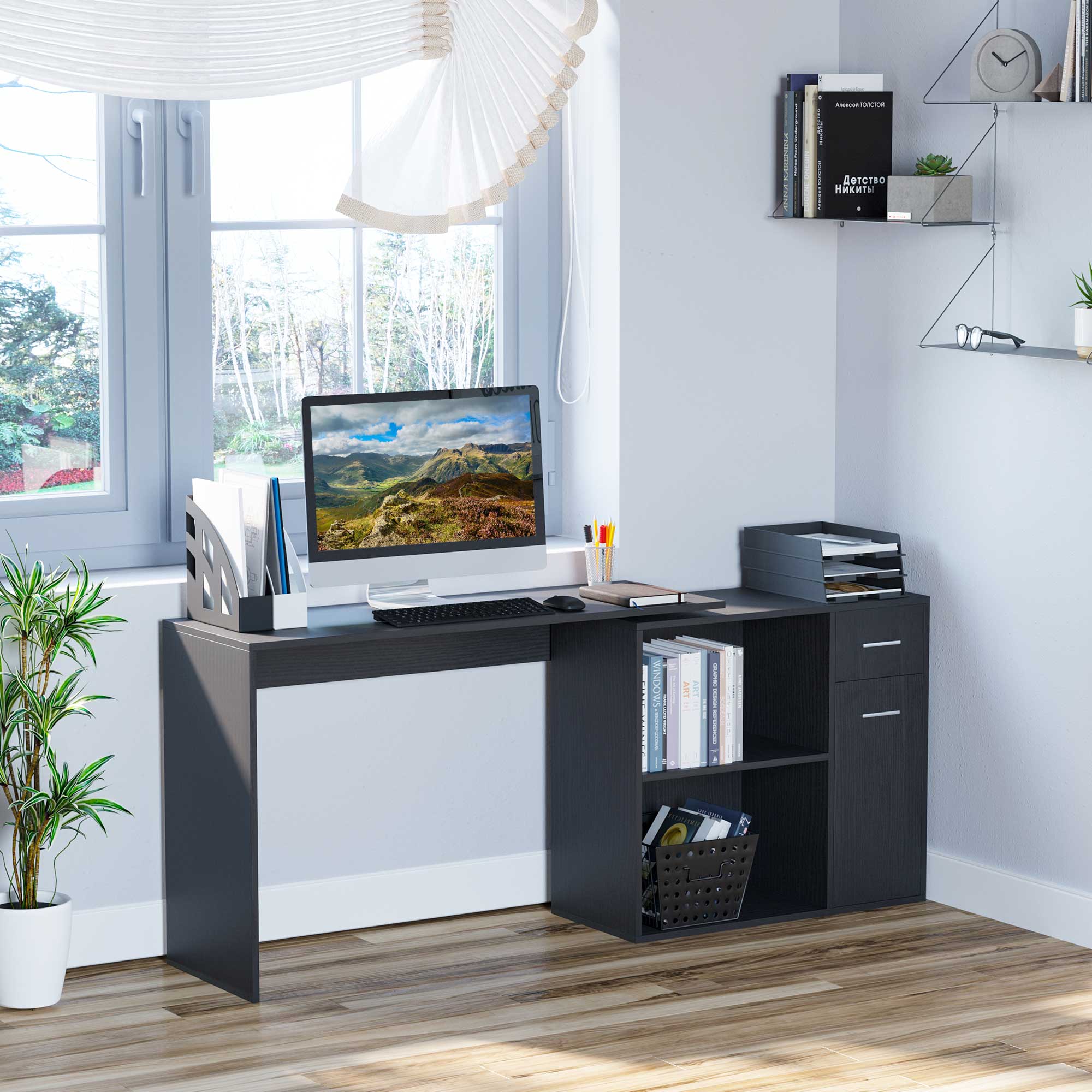 HOMCOM L-Shaped Desk, Corner Computer Desk, Adjustable Study Table with Storage Shelf, Drawer and Cabinet, Workstation for Home Office, Black Wood Grain - North Peak Garden Furniture