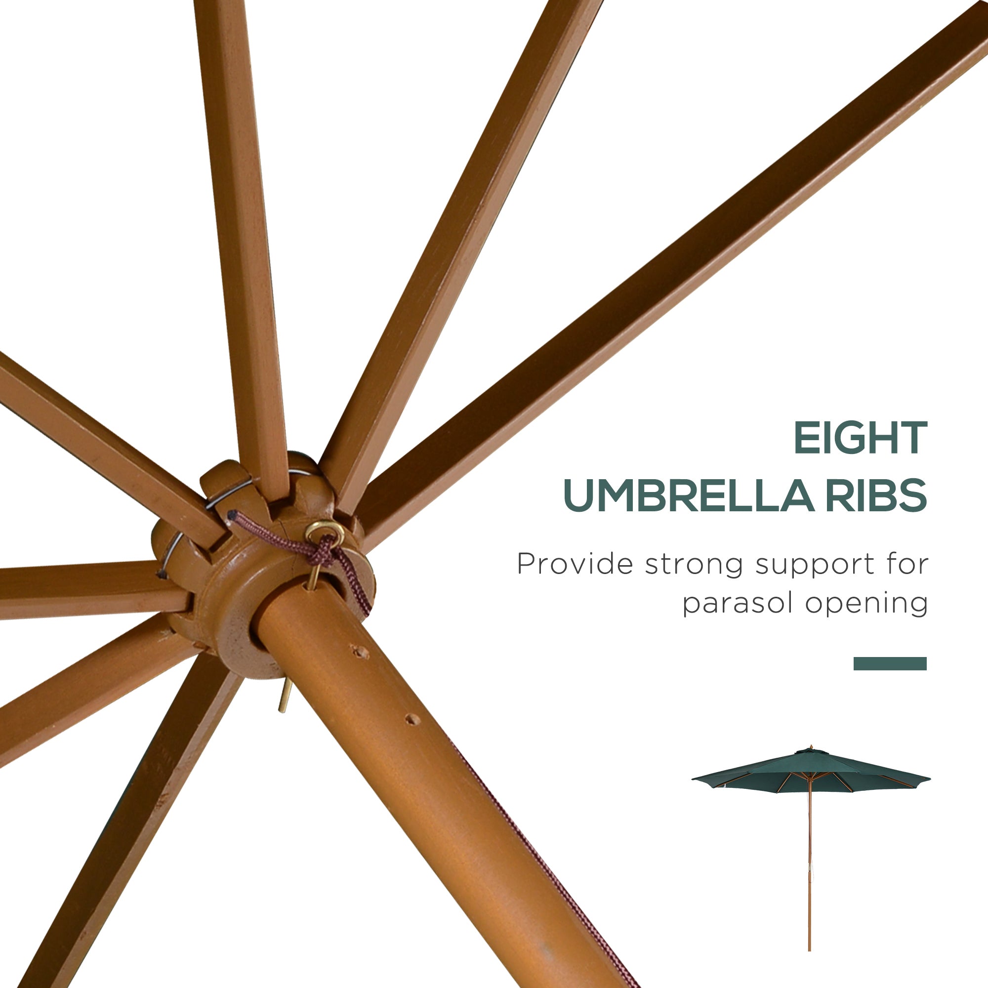 Outsunny 3(m) Wooden Patio Umbrella, Pulley Operated Garden Parasol with Rope Pulley Mechanism and 8 Ribs, Dark Green - North Peak Garden Furniture