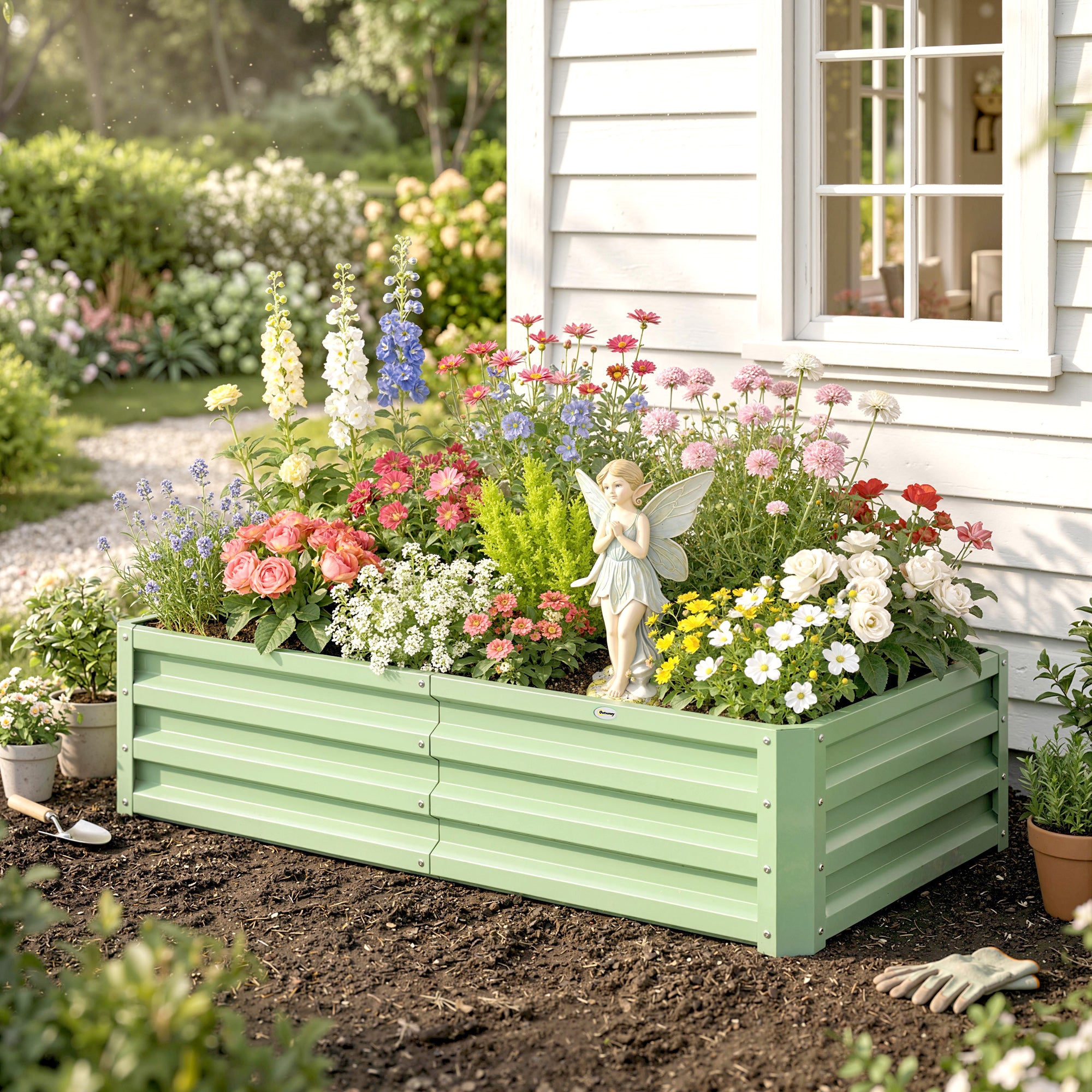 Outsunny Raised Beds for Garden, Galvanised Outdoor Planters, for Herbs and Vegetables, Use for Patio, Garden, Balcony