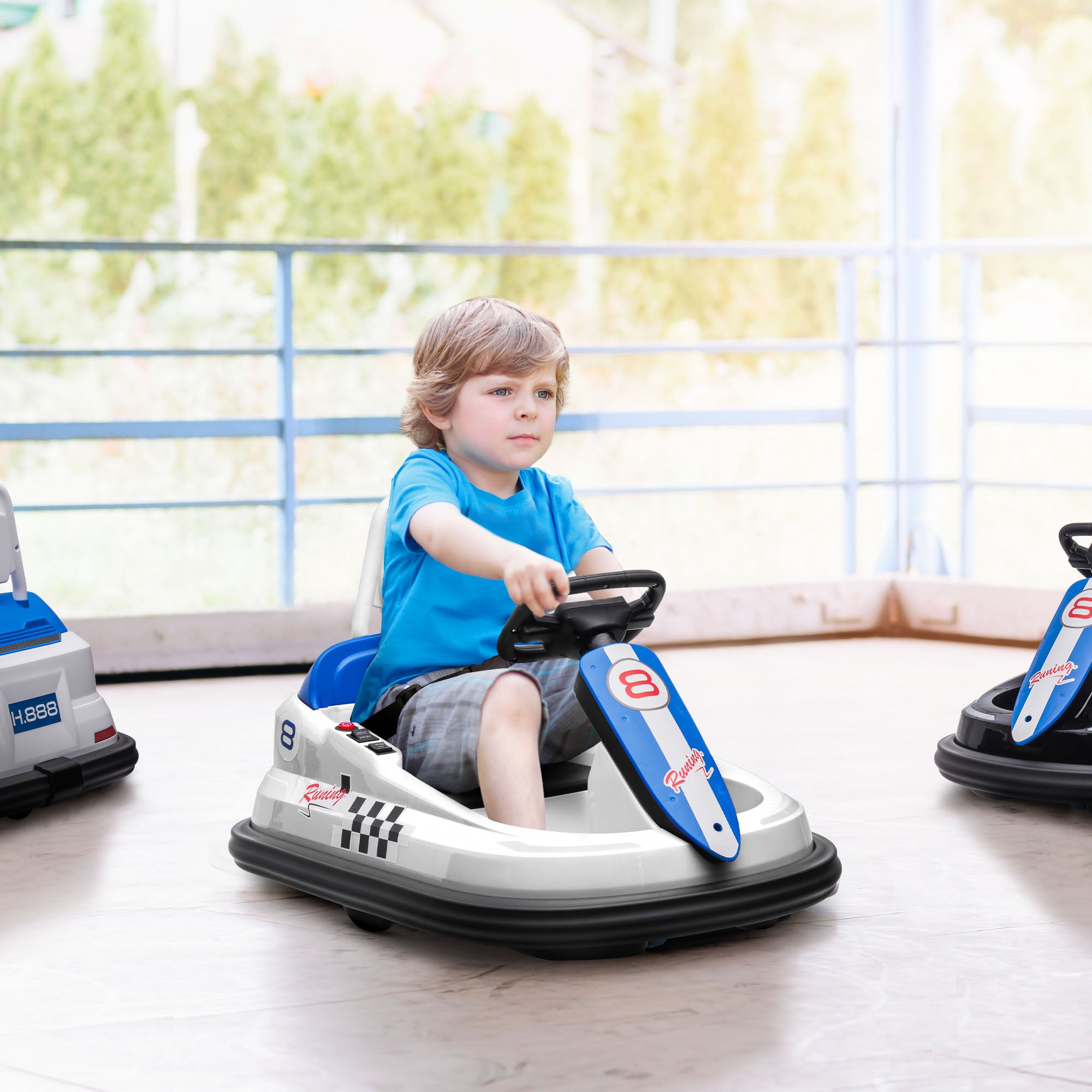 HOMCOM 6V Electric Kids Bumper Car, 6V Spin Waltz Car, with Music, Horn, Lights - White - North Peak Garden Furniture