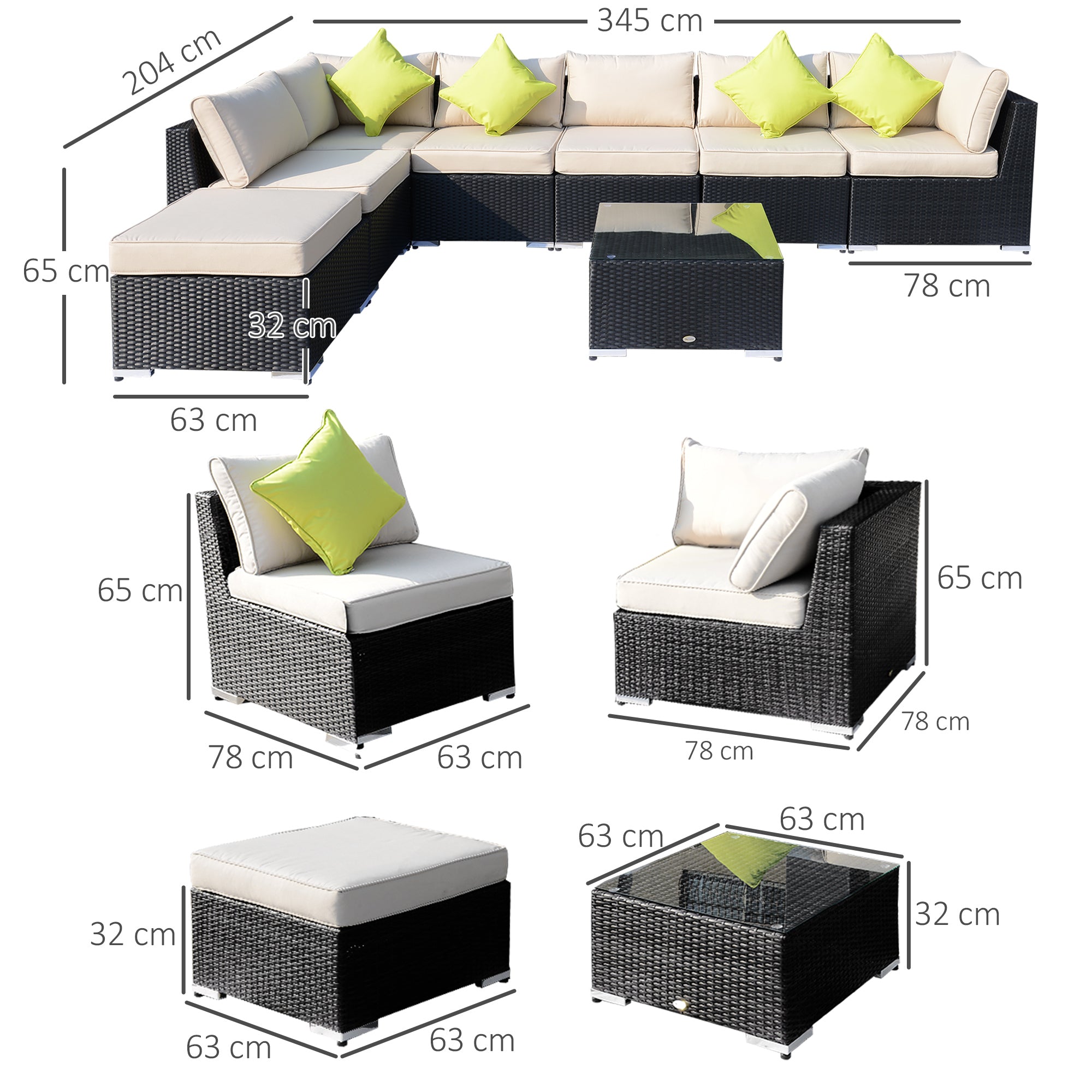 Outsunny 8 Pieces PE Rattan Corner Sofa Set with Thick Cushions, Aluminium Outdoor Rattan Garden Furniture Set with Glass Top Table, No Assembly Required, Black - North Peak Garden Furniture