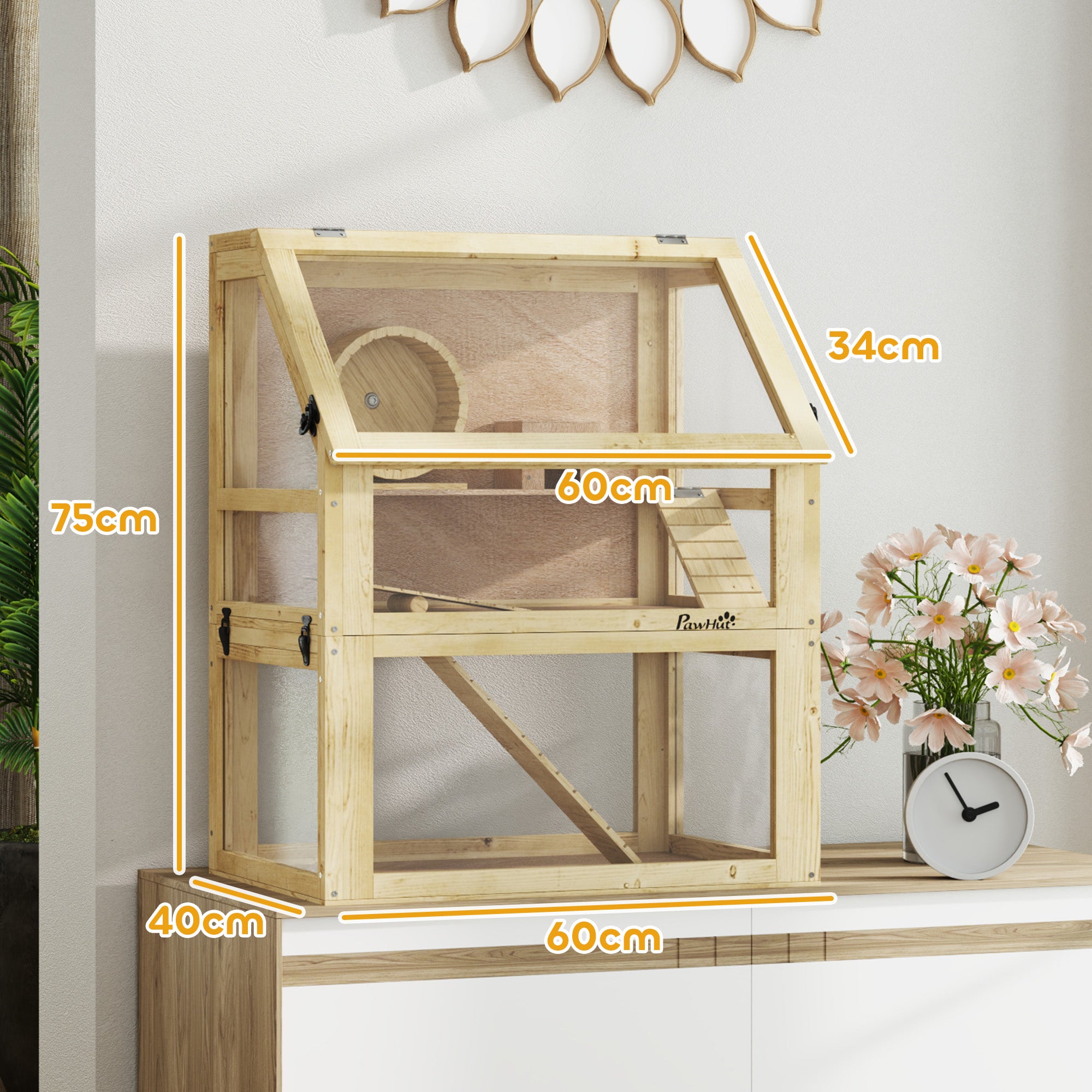 PawHut Wooden Hamster Cage with Detachable 32cm Deep Bottom, Hut, Seesaw, Exercise Wheel, Ramps, 60 x 40 x 75cm - North Peak Garden Furniture