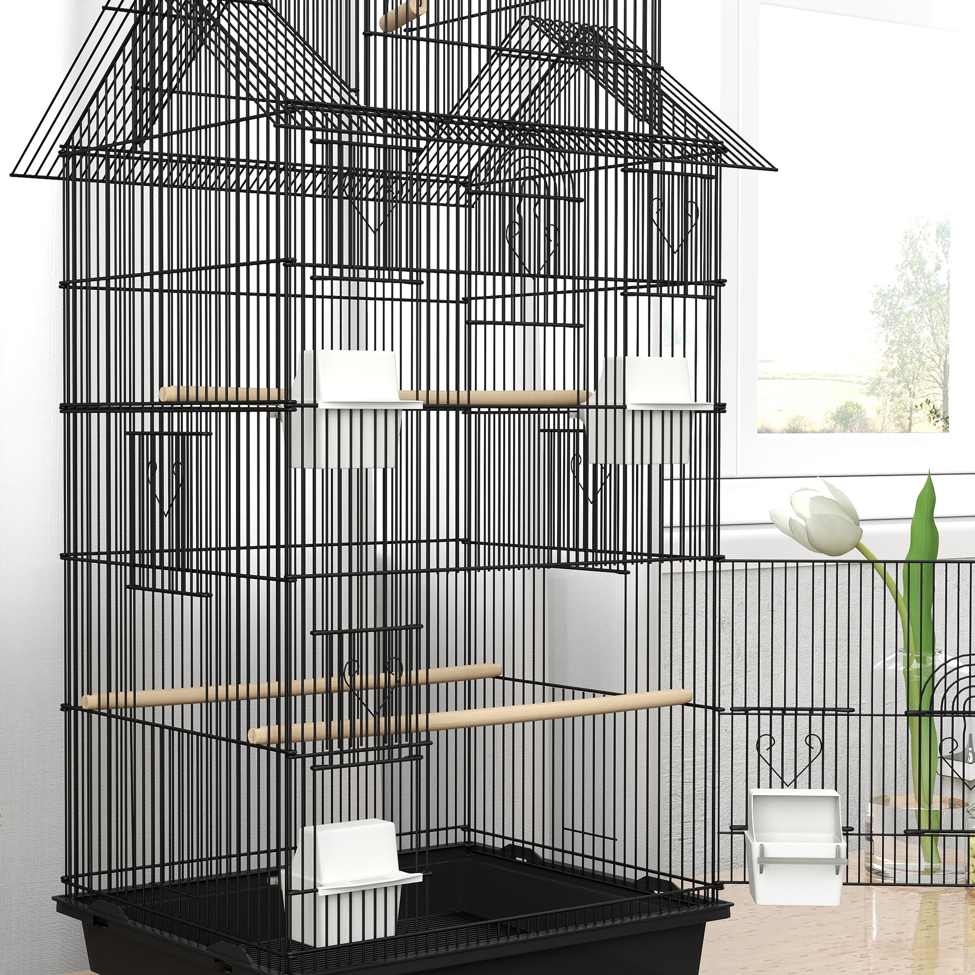 PawHut Metal Bird Cage with Plastic Swing, Perch, Food Container, Tray, Handle, for Finches, Canaries, Budgies, 43 x 32.5 x 163 - North Peak Garden Furniture