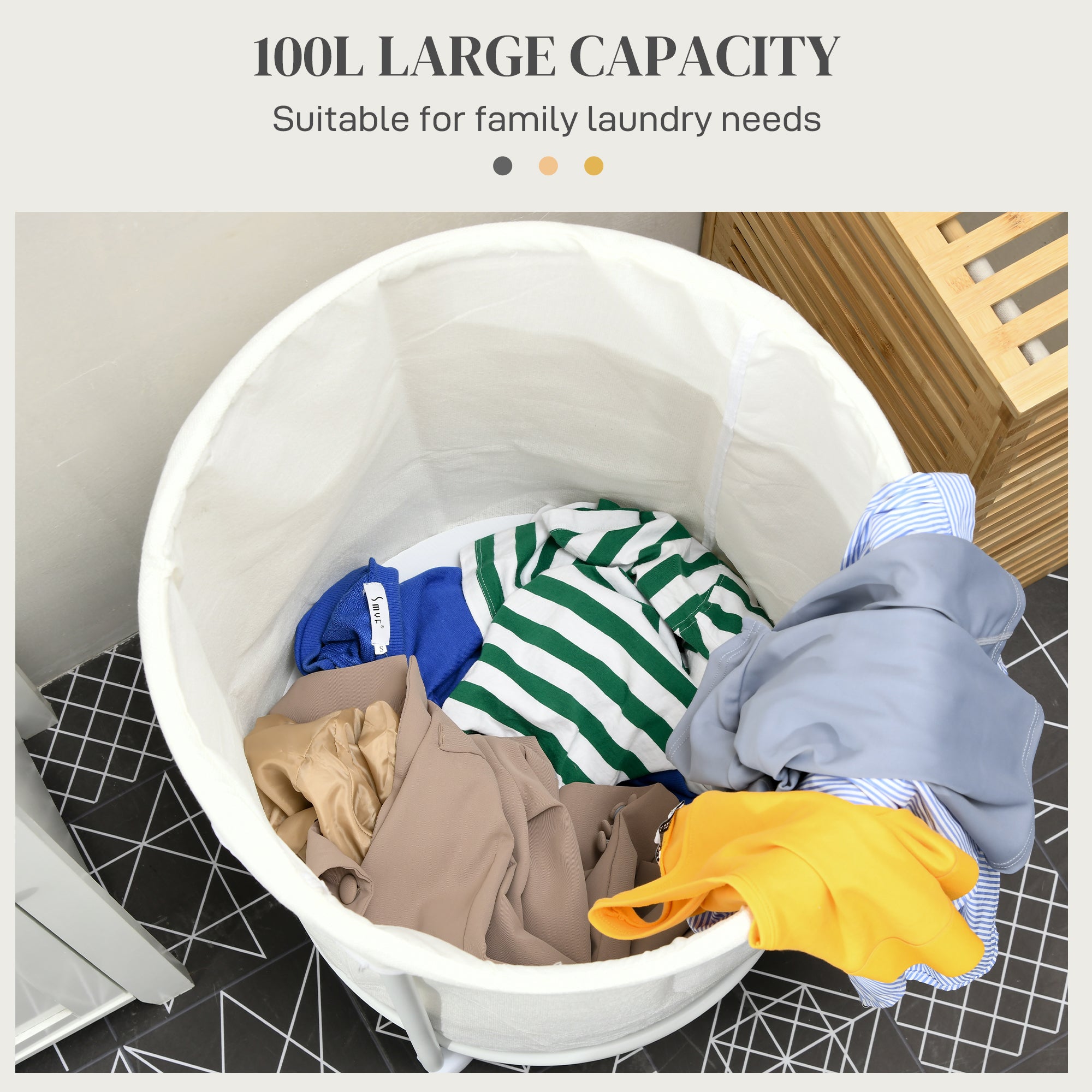 HOMCOM 100L Steel Frame Laundry Bin, with Wheels - White - North Peak Garden Furniture