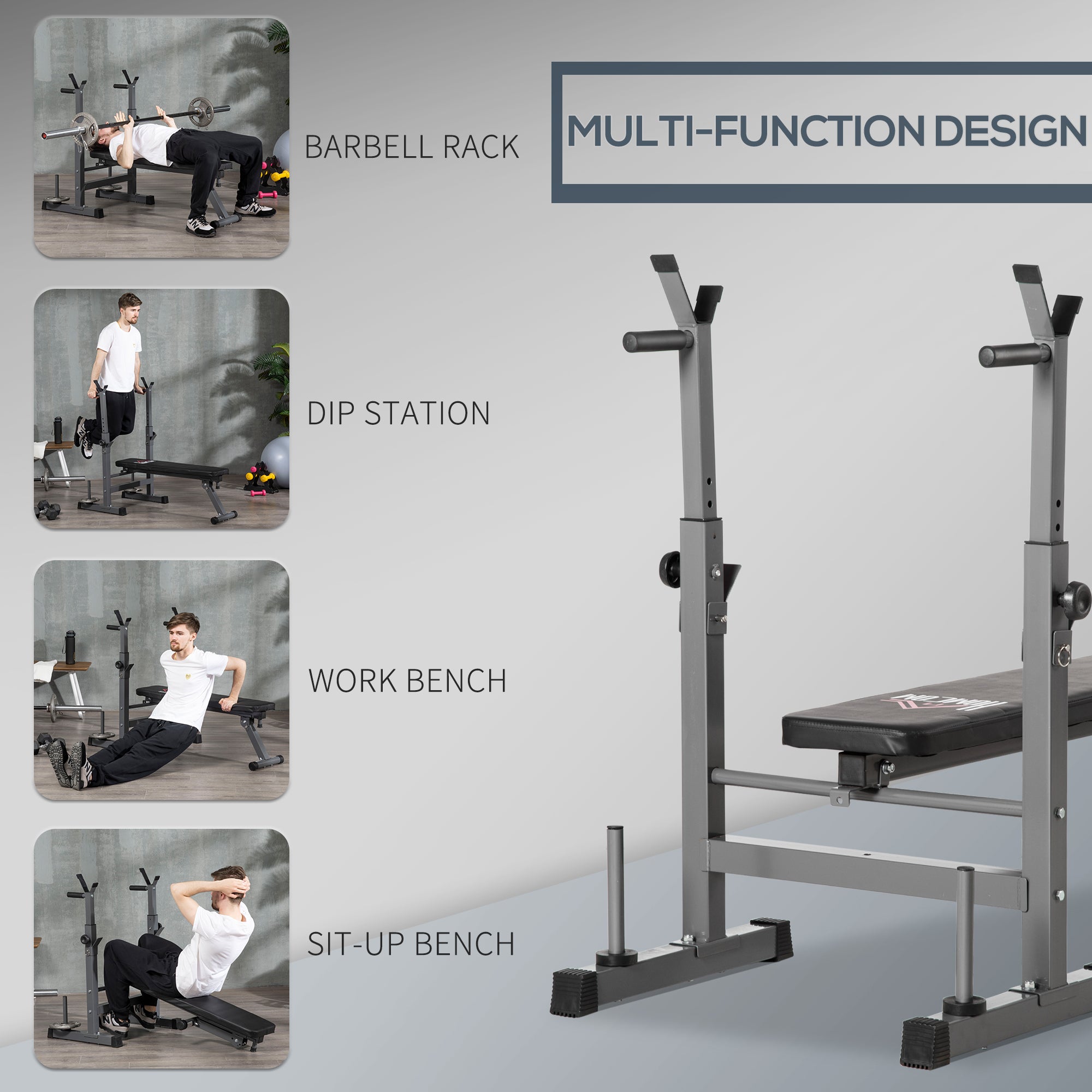 HOMCOM Adjustable Weight Bench, Foldable Bench Press with Barbell Rack and Dip Station for Home Gym, Strength Training Multiuse Workout Bench - North Peak Garden Furniture