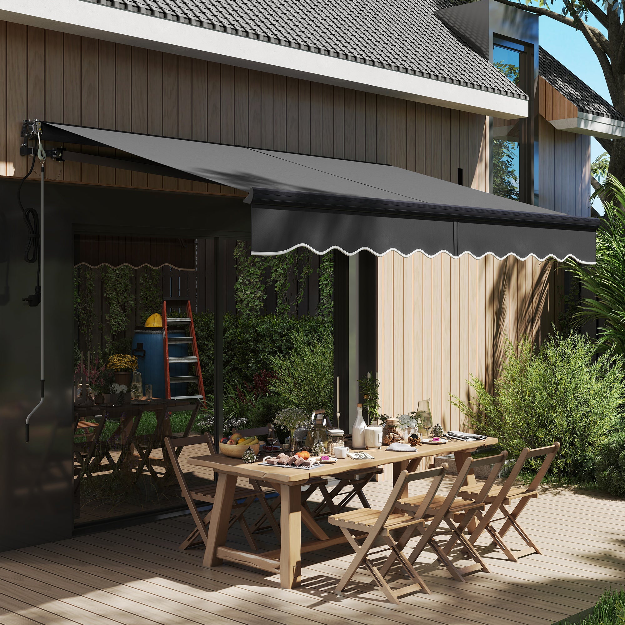 Outsunny 3 x 2.5m Electric Awning with Remote Controller, Aluminium Frame DIY Retractable Awning, UV30+ Sun Shade Canopy for Garden Patio Deck Door Window, Dark Grey - North Peak Garden Furniture