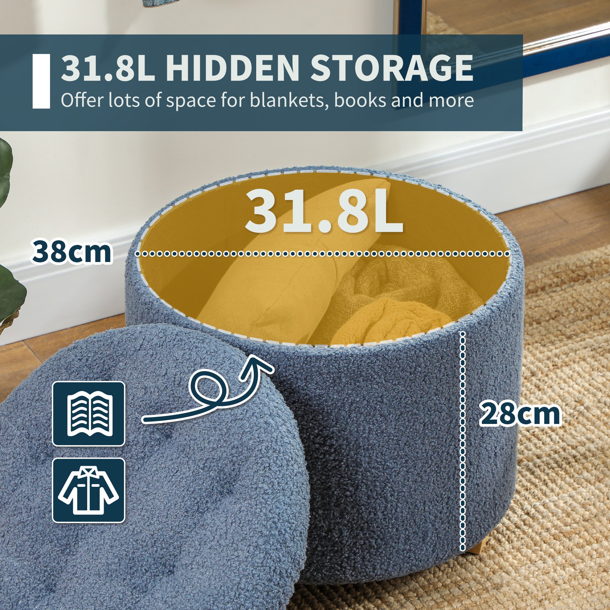 HOMCOM 31.8L Teddy Fleece Storage Ottoman - Blue - North Peak Garden Furniture