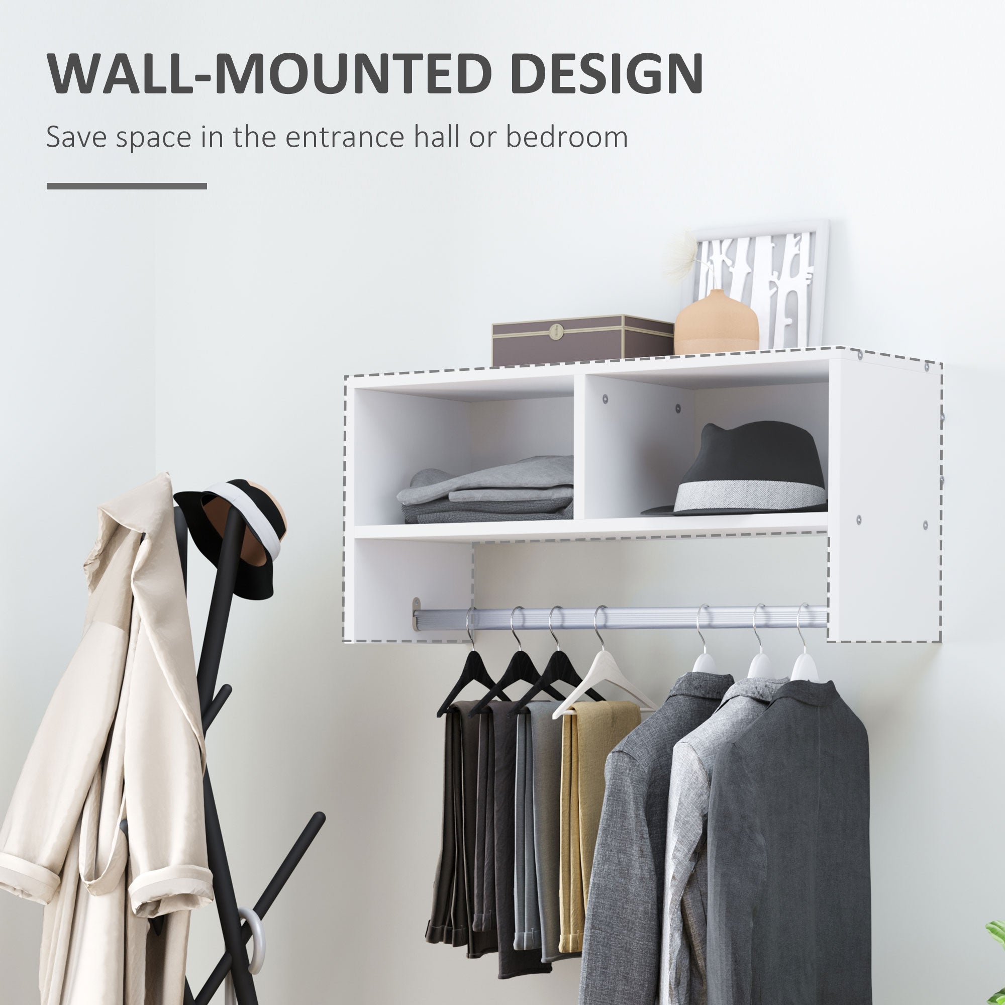 HOMCOM Wall Mounted Coat Hanger Hooks Rack Stand Hallway Coat Rack Rail & Storage Shelf Hanging Coat Organizer (White) - North Peak Garden Furniture
