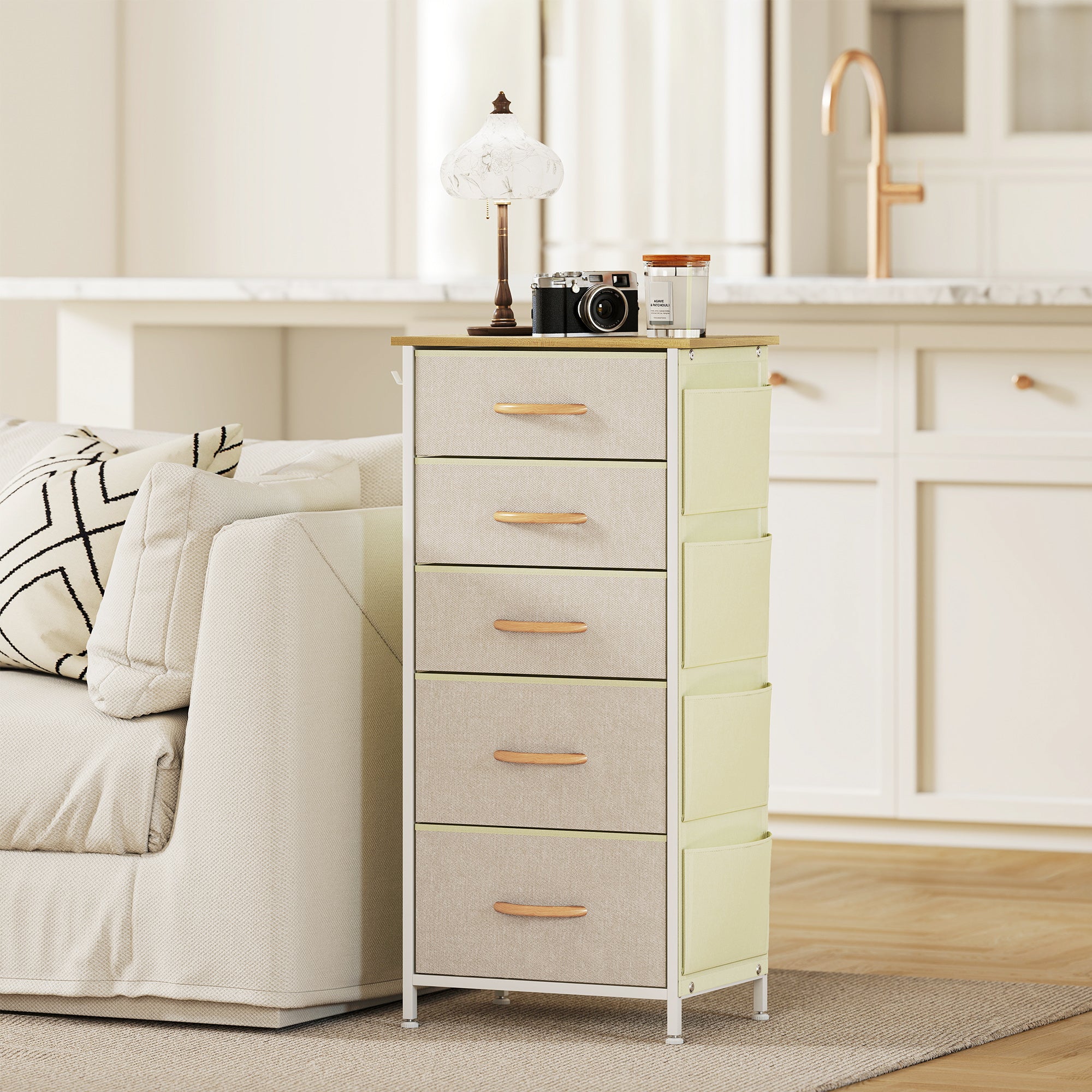 HOMCOM Chest of Five Fabric Drawers - Beige