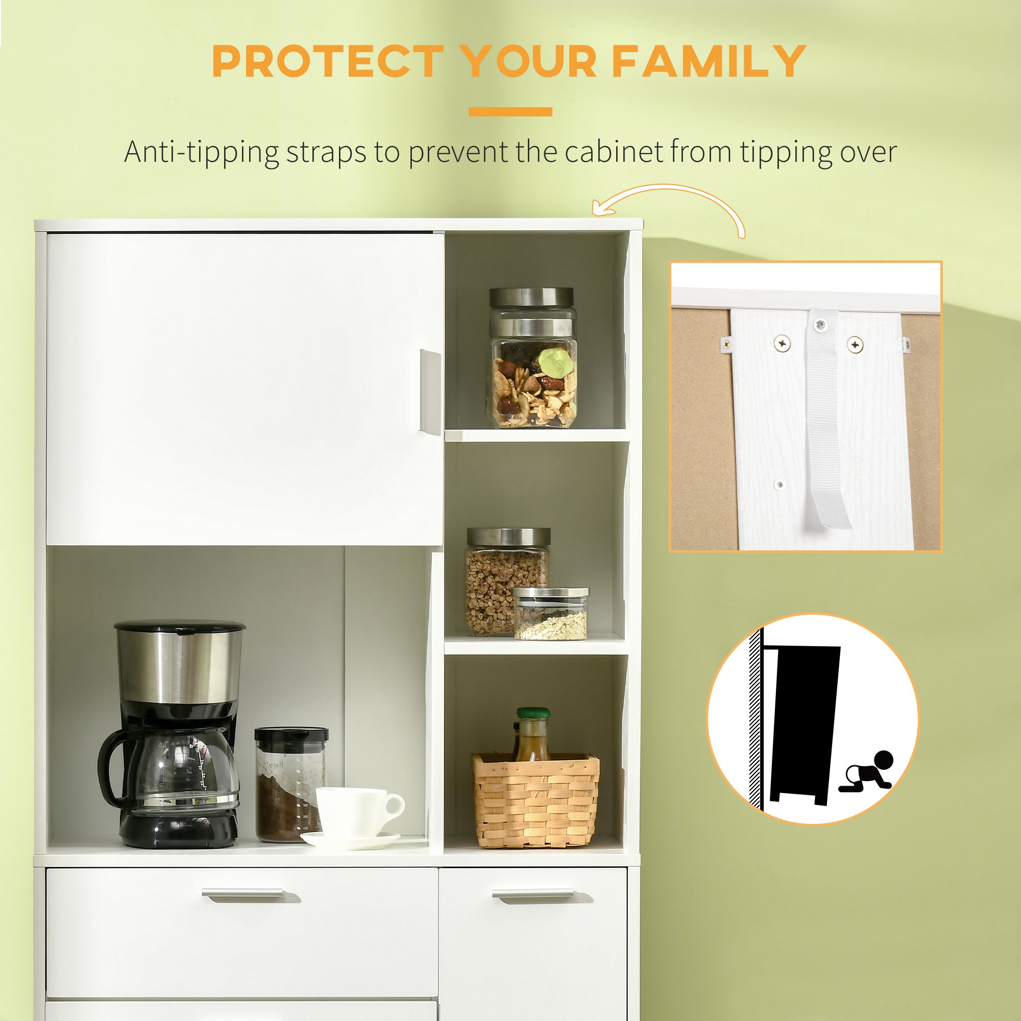HOMCOM Kitchen Cupboard, Modern Kitchen Storage Cabinet with Shelves and Drawer, Free Standing Kitchen Units, 166 cm, White - North Peak Garden Furniture