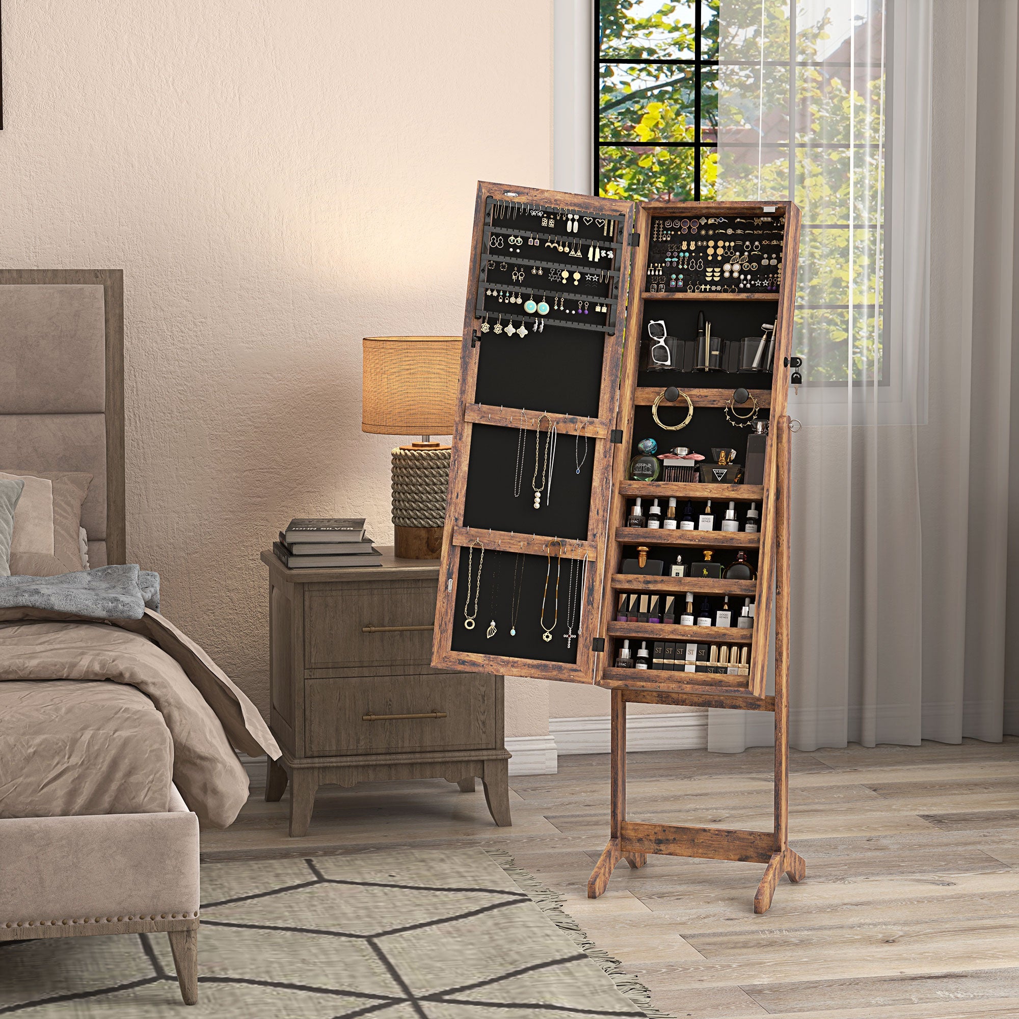 HOMCOM Jewellery Cabinet with LED Light, Lockable Jewellery Organiser with Full-Length Mirror for Bedroom Dressing Room, Rustic Brown - North Peak Garden Furniture