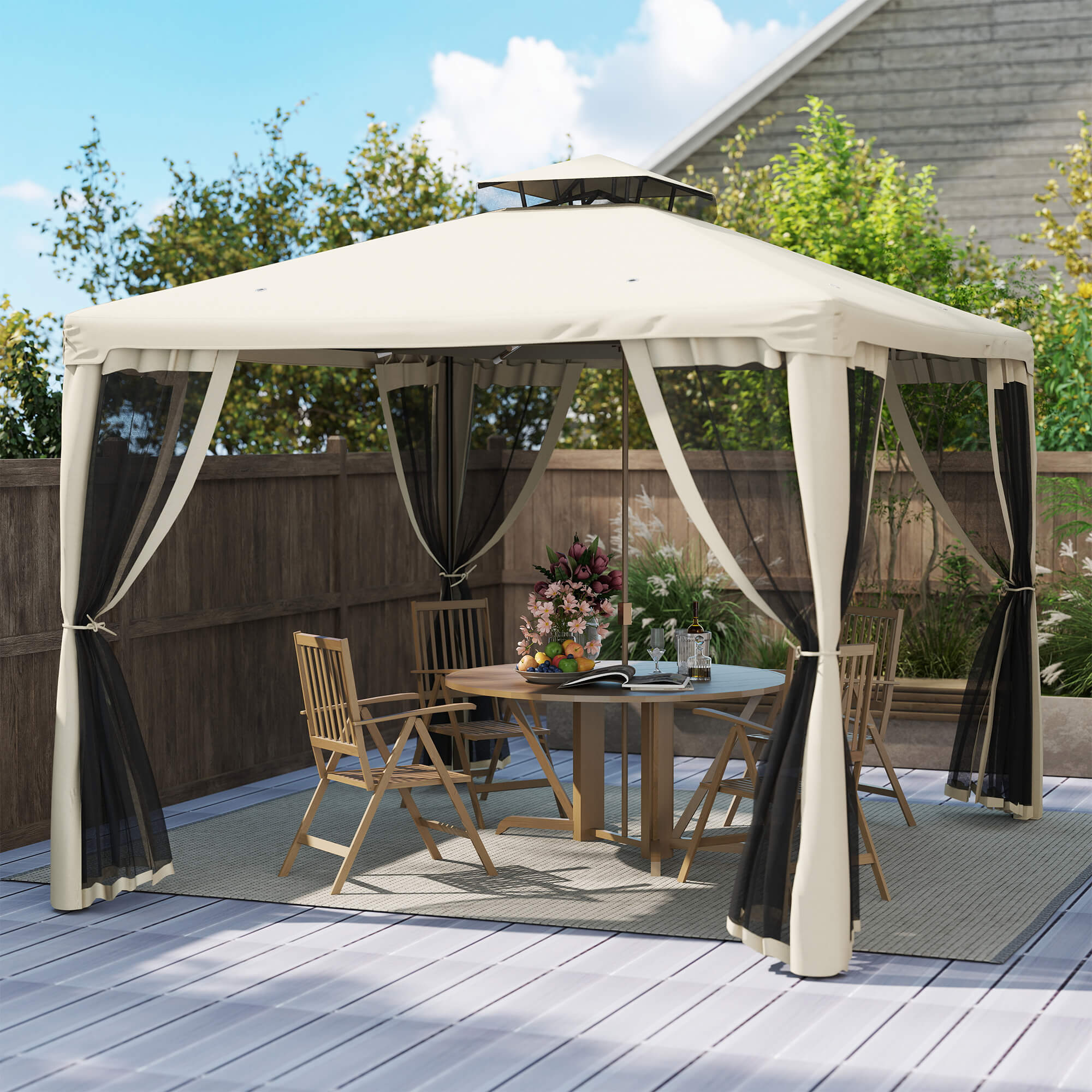 Outsunny Outdoor Gazebo, 2-tier Roof W/Netting, 295L x 295W x 263Hcm-Taupe - North Peak Garden Furniture