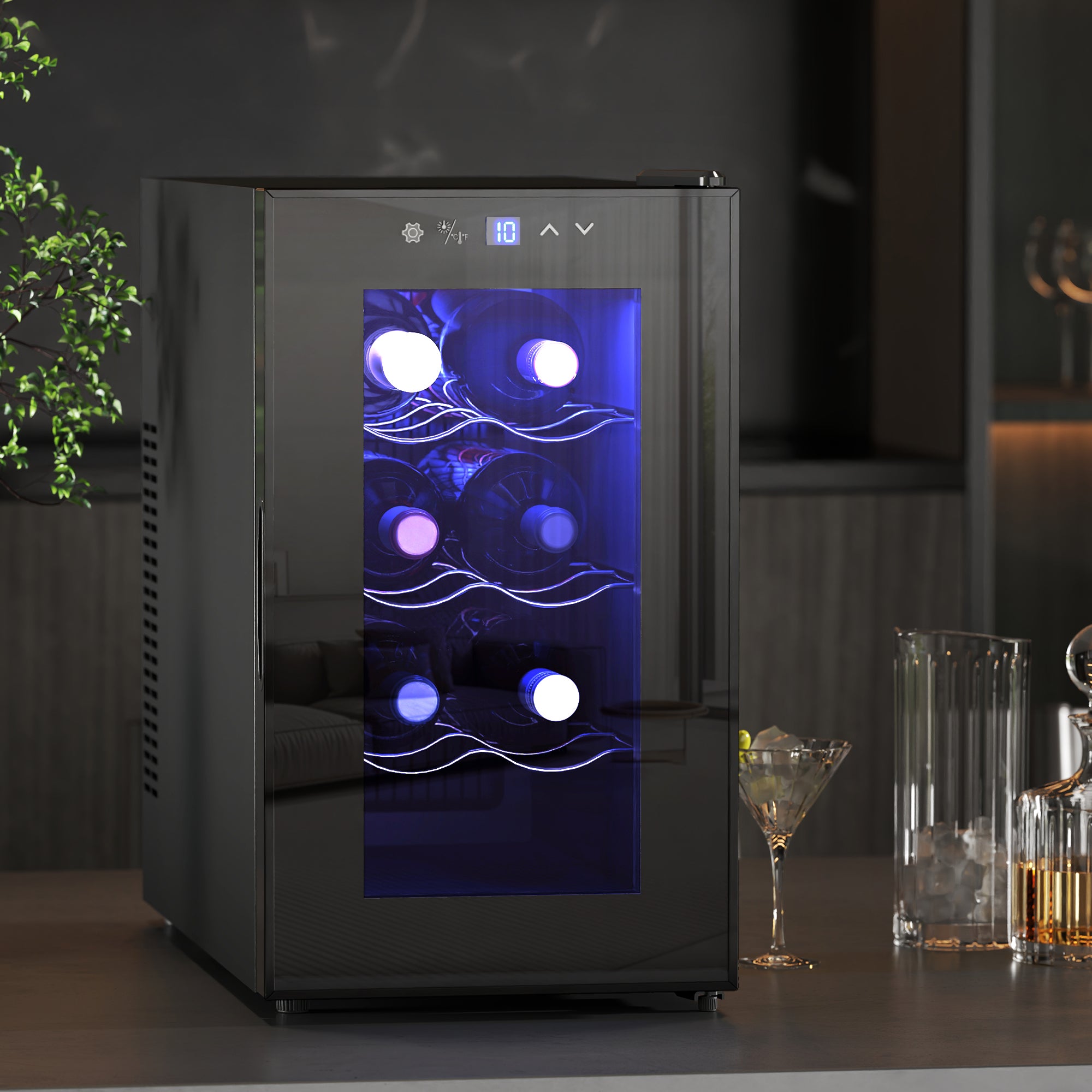 HOMCOM Mini Freestanding Wine Cooler Fridge, 8 Bottle, 21L, 26.5cm Quiet Thermoelectric Under Counter Drinks Beer Wine Fridge with Glass Door, LED Light, Digital Touch Screen, Temperature Control - North Peak Garden Furniture