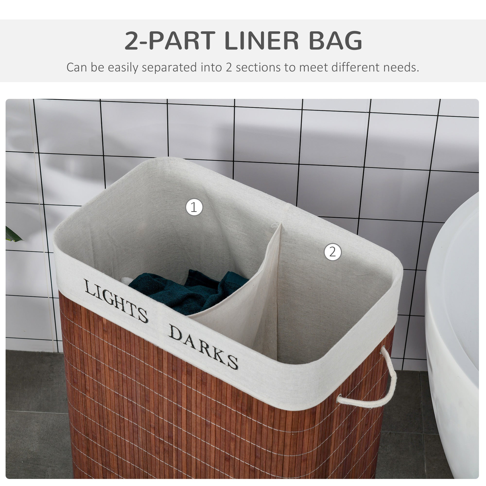 HOMCOM 100L Laundry Basket with Lid String Handles, 2 Section Collapsible Hamper Removable Lining Foldable Water-Resistant Dirty Clothes Storage, Brown