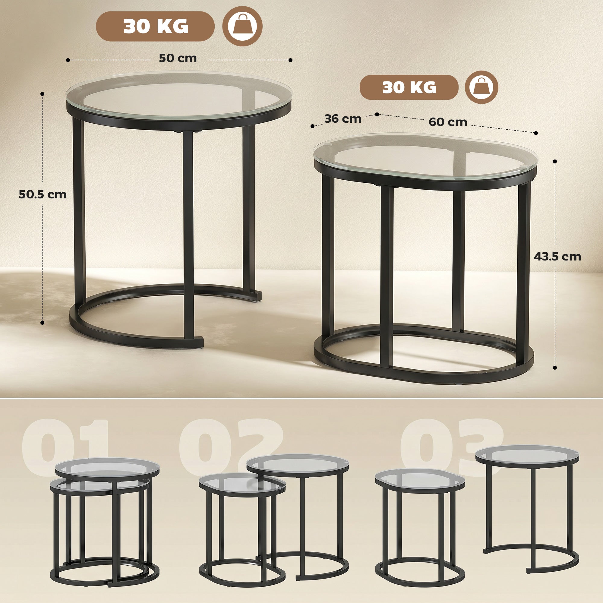 HOMCOM Nest of Tables with Steel Frame and Tempered Glass Tabletop, Modern Coffee Table Set of 2, Black