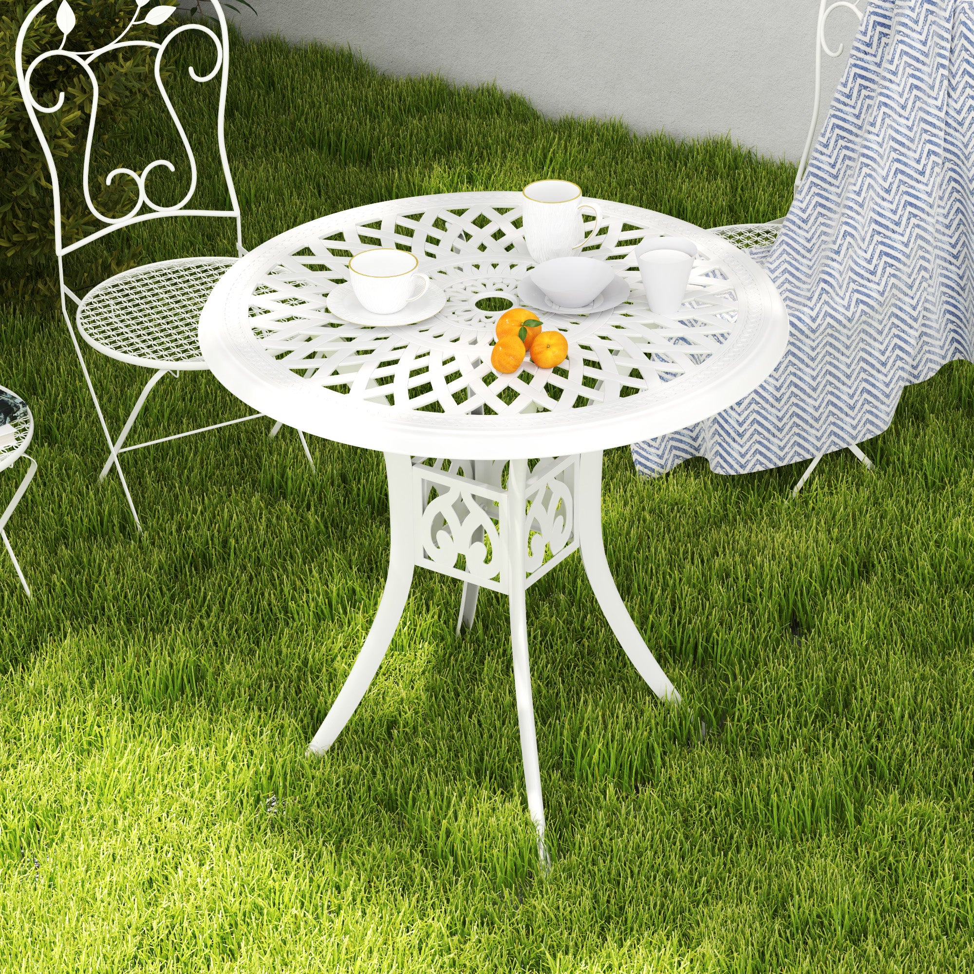 Outsunny 78 cm Round Garden Dining Table with Parasol Hole Antique Cast Aluminium Outdoor Table Only, White - North Peak Garden Furniture