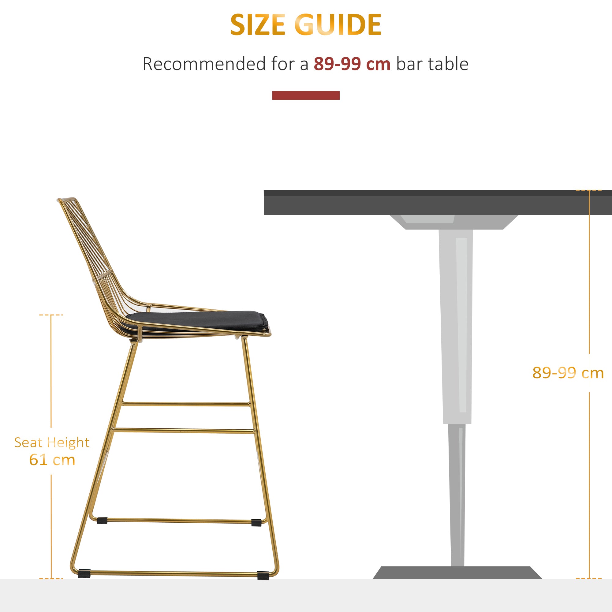 HOMCOM Set of 2 Bar stools Modern Counter Height Wire Metal Bar chairs for Kitchen, Bar Counter, Gold - North Peak Garden Furniture