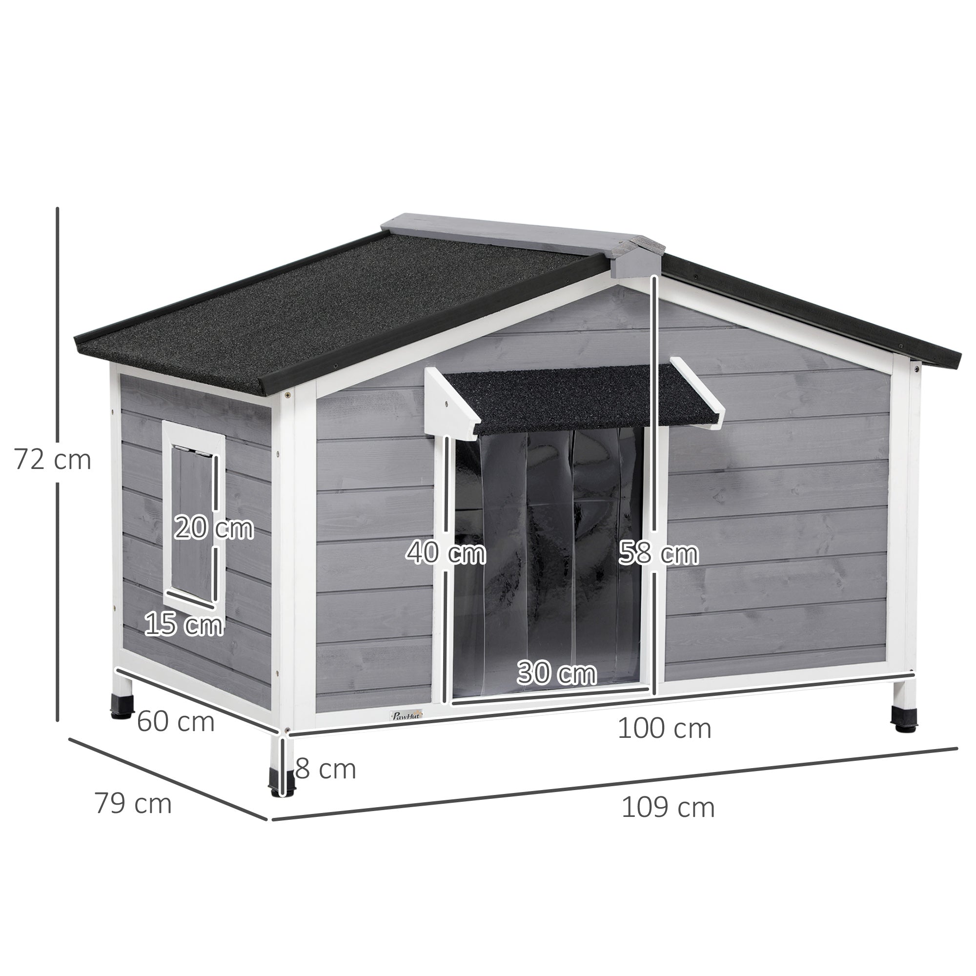 PawHut Large Wooden Dog Kennel for Outside, 72H x 109L x 79Wcm, Grey