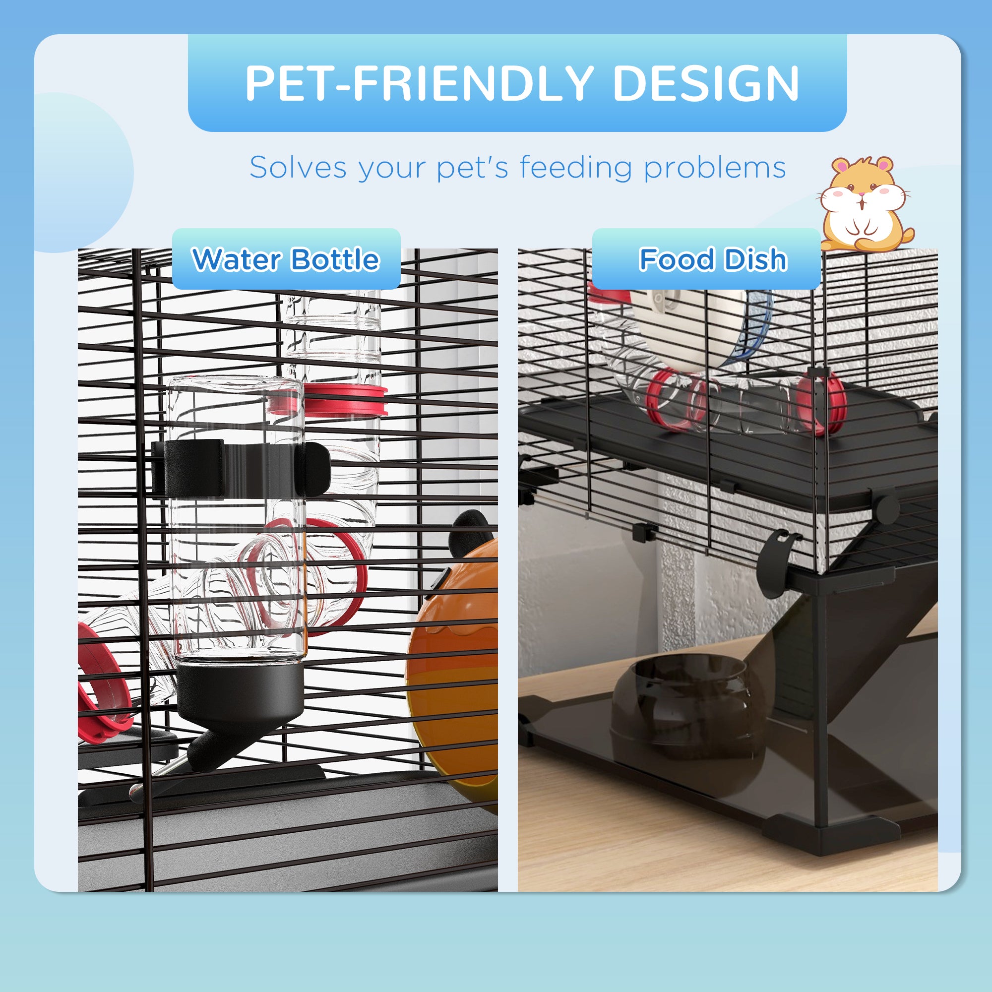 PawHut Gerbil Cage, Dwarf Hamster Cage, with Deep Glass Bottom, Tunnels, Ramps, Hut, Exercise Wheel, 78.5 x 48.5 x 57cm - North Peak Garden Furniture