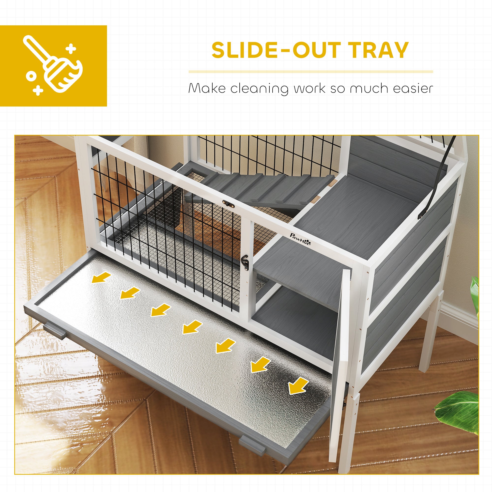 PawHut Wooden Rabbit Hutch, Guinea Pig Cage, with Removable Tray, Openable Roof, Grey