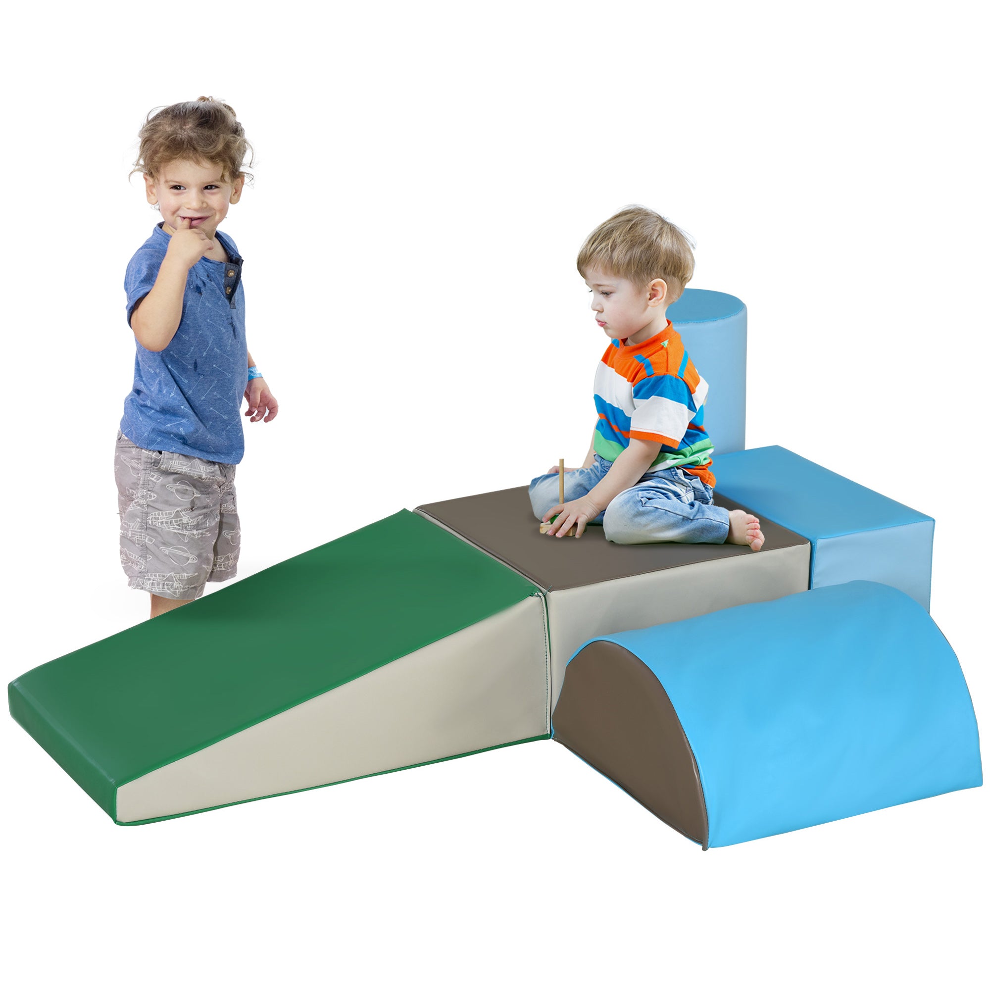 HOMCOM 5 Piece Climb and Crawl Activity Play Set Soft Foam Blocks for Baby Toddler Preschooler Indoor Play Equipment Learning Toys Blue - North Peak Garden Furniture