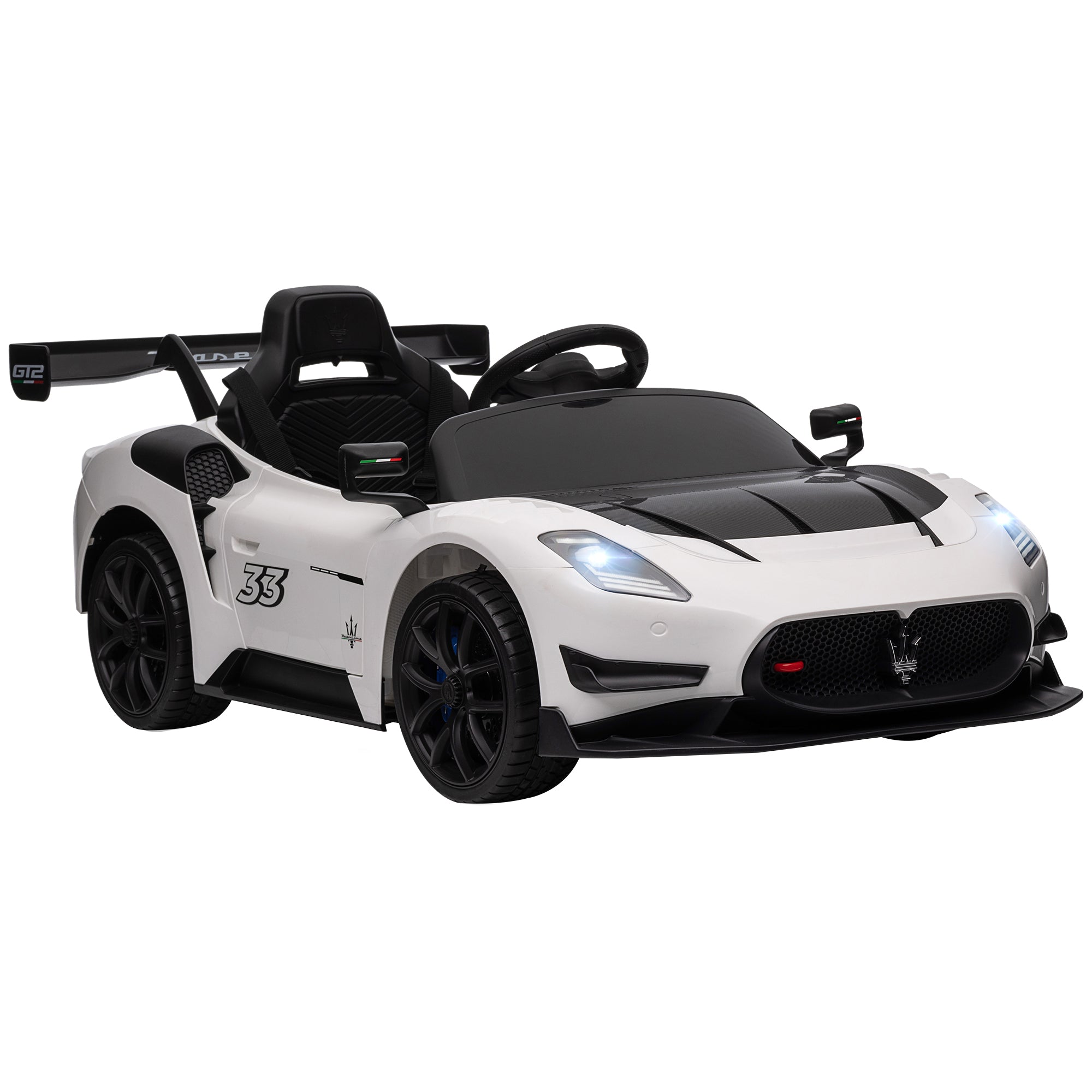 AIYAPLAY Maserati GT2 Licensed 12V Kids Electric Ride on Car with 4 Suspension, Remote Control Music Horn Lights - White - North Peak Garden Furniture
