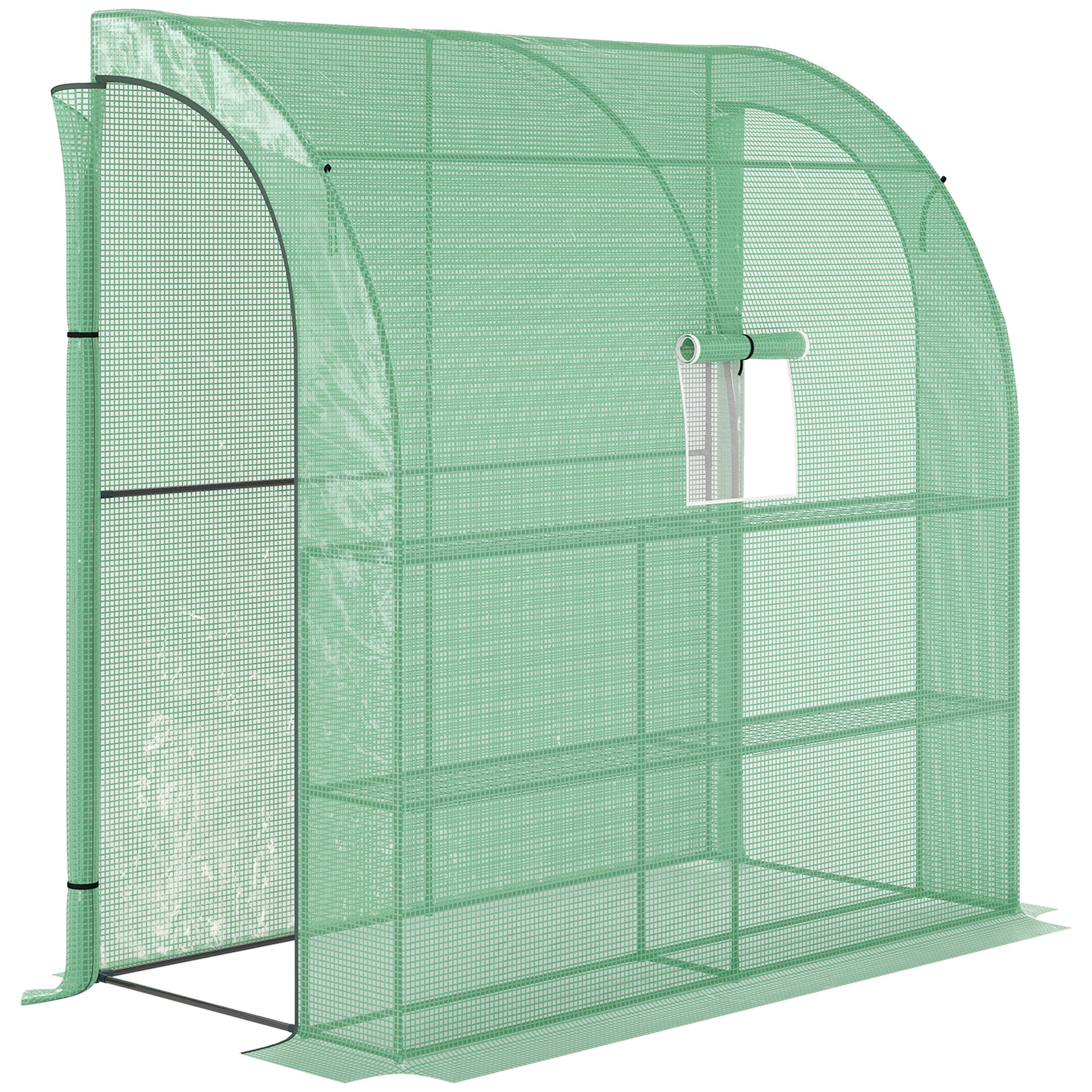 Outsunny Walk-In Lean to Wall Greenhouse with Windows and Doors, Outdoor Green House with 3 Tiers 4 Wired Shelves, 200L x 100W x 215Hcm, Green
