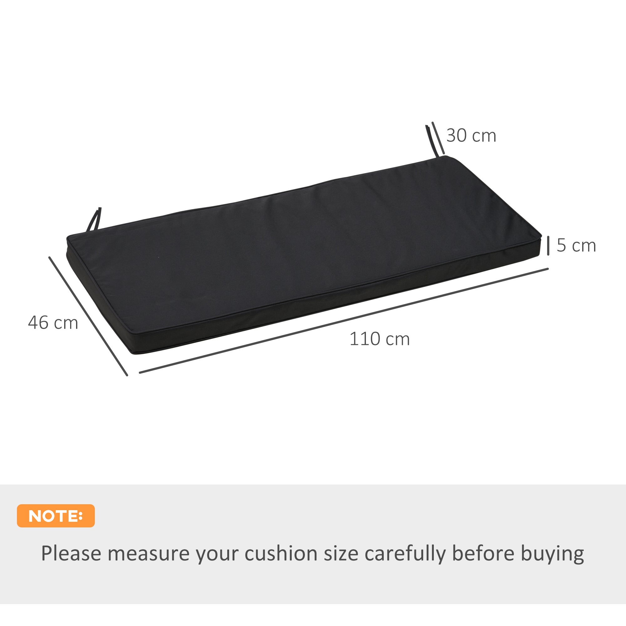 Outsunny 2-Seater Garden Bench Cushion with Ties, Swing Chair Cushion, Replacement Cushion for Outdoor Furniture, 110 x 46 cm, Black - North Peak Garden Furniture
