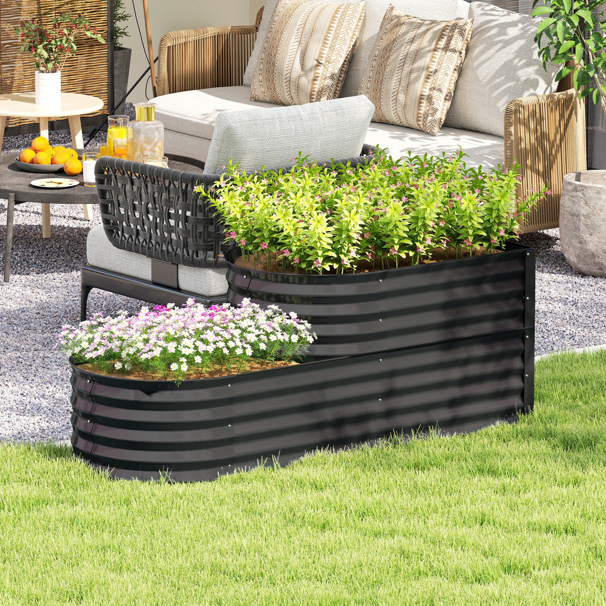 Outsunny Two-Tier Galvanised Steel Garden Planter - Dark Grey - North Peak Garden Furniture