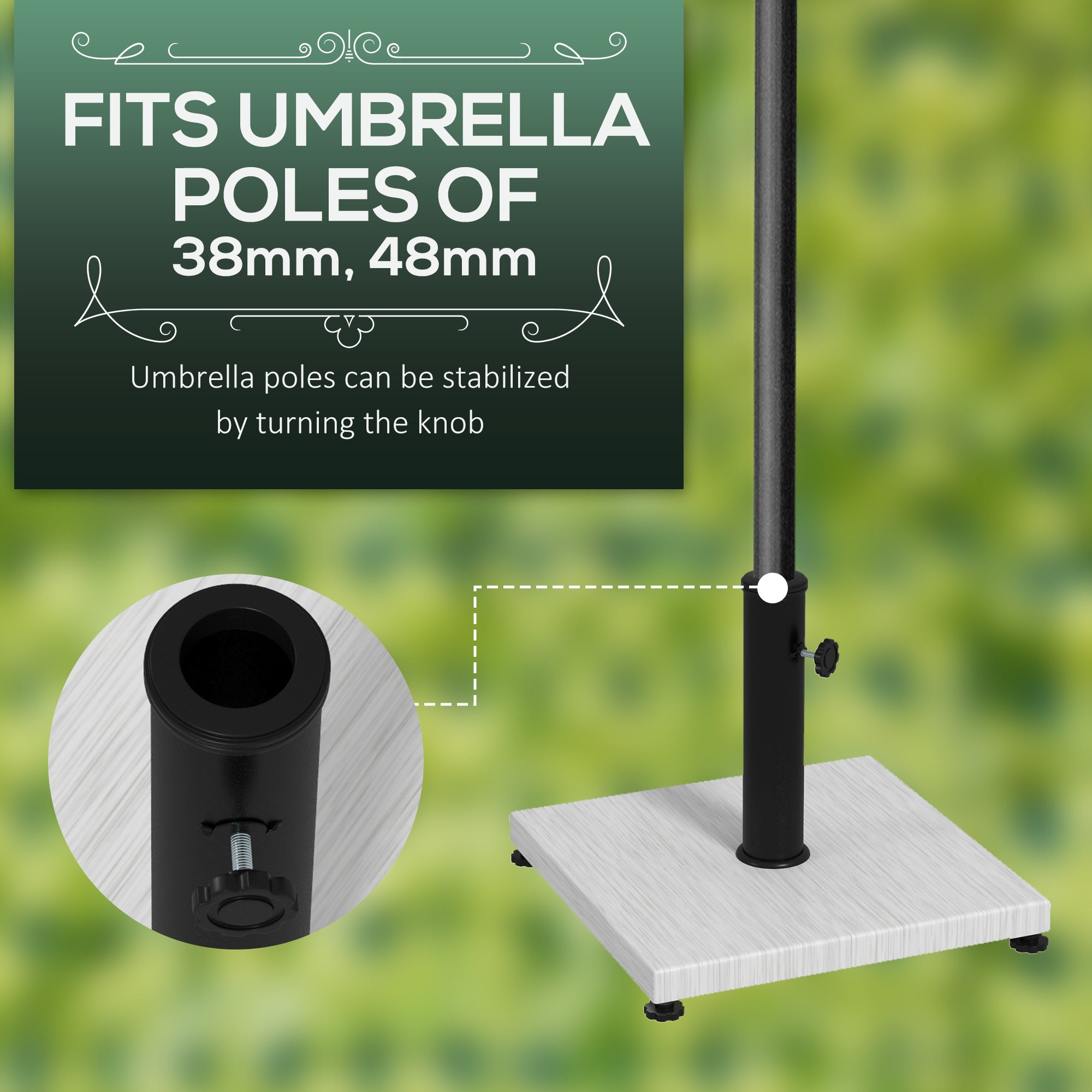 Outsunny 12kg Garden Parasol Base with Adjustable Foot Pad and Knob, Concrete Umbrella Stand with Wood Effect, Rectangular Parasol Holder for 38mm and 48mm Poles, White - North Peak Garden Furniture