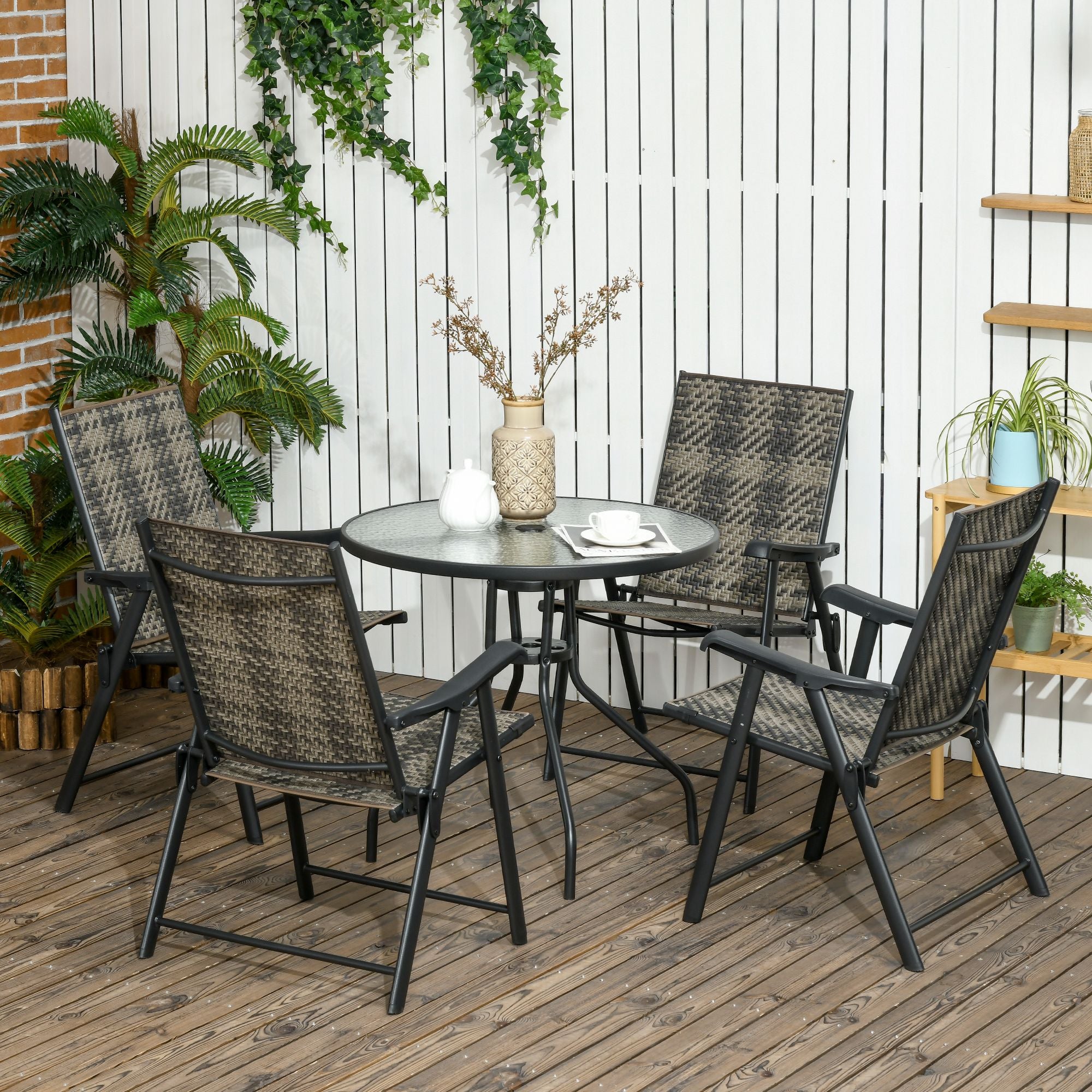 Outsunny 4 Seater Rattan Dining Set, Rattan Garden Furniture Set with Parasol Hole, Outdoor Dining Table and Chairs with 4 Armchairs, Round Glass Top Table for Patio, Balcony, Mixed Grey - North Peak Garden Furniture