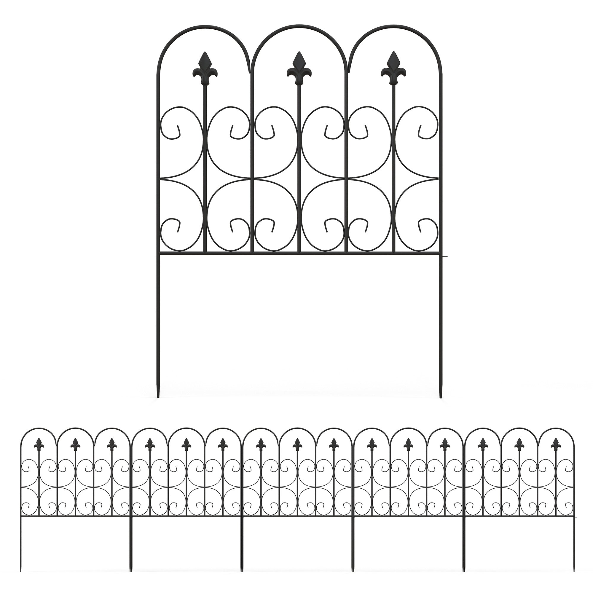 Outsunny Decorative Garden Fencing, 5PCs Outdoor Picket Fence Panels, Rustproof Metal Wire Landscape Flower Bed Border Edging Animal Barrier, Black