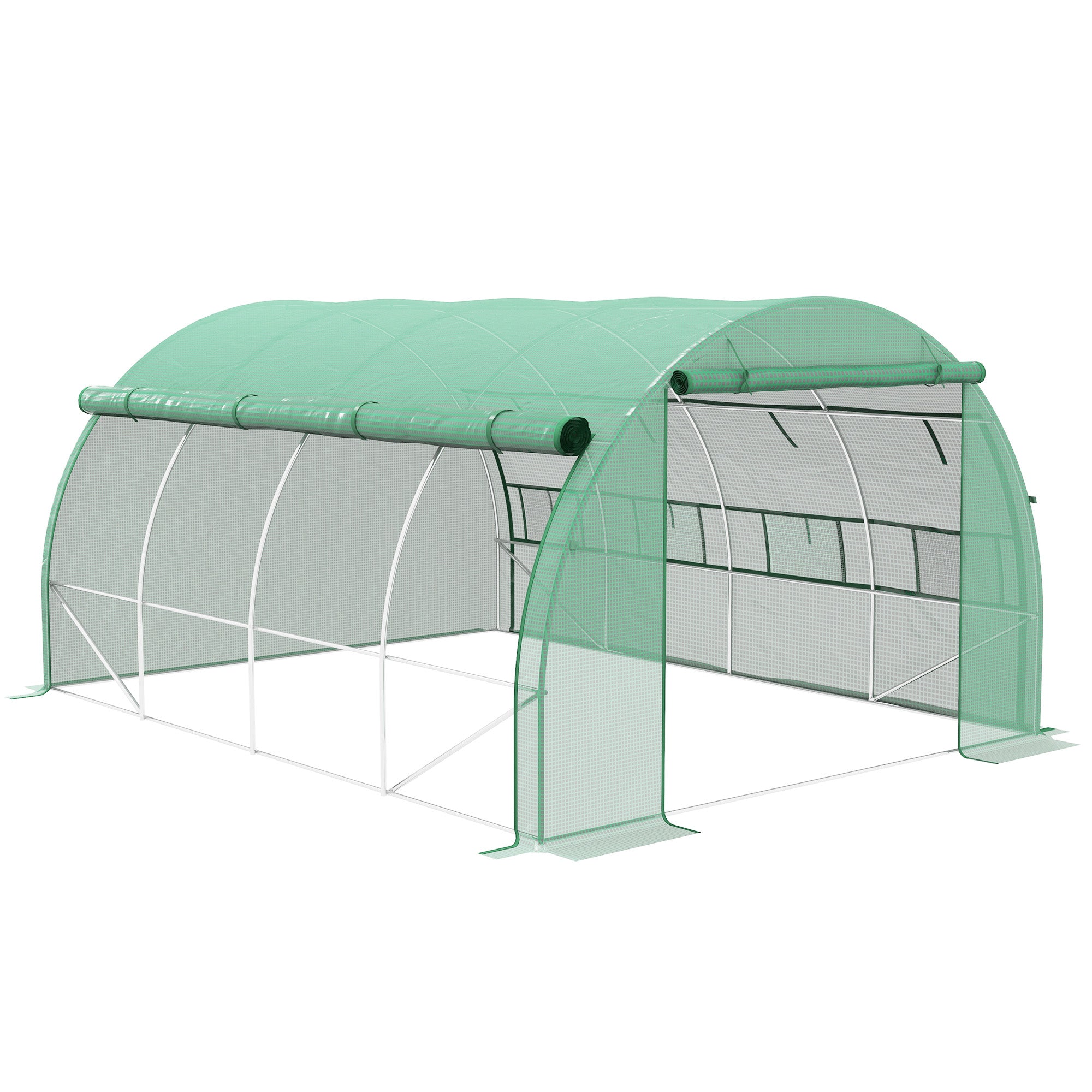 Outsunny Polytunnel Greenhouse Walk-in Grow House Tent with Roll-up Sidewalls, Zipped Door and 8 Windows, 4x3x2m Green - North Peak Garden Furniture