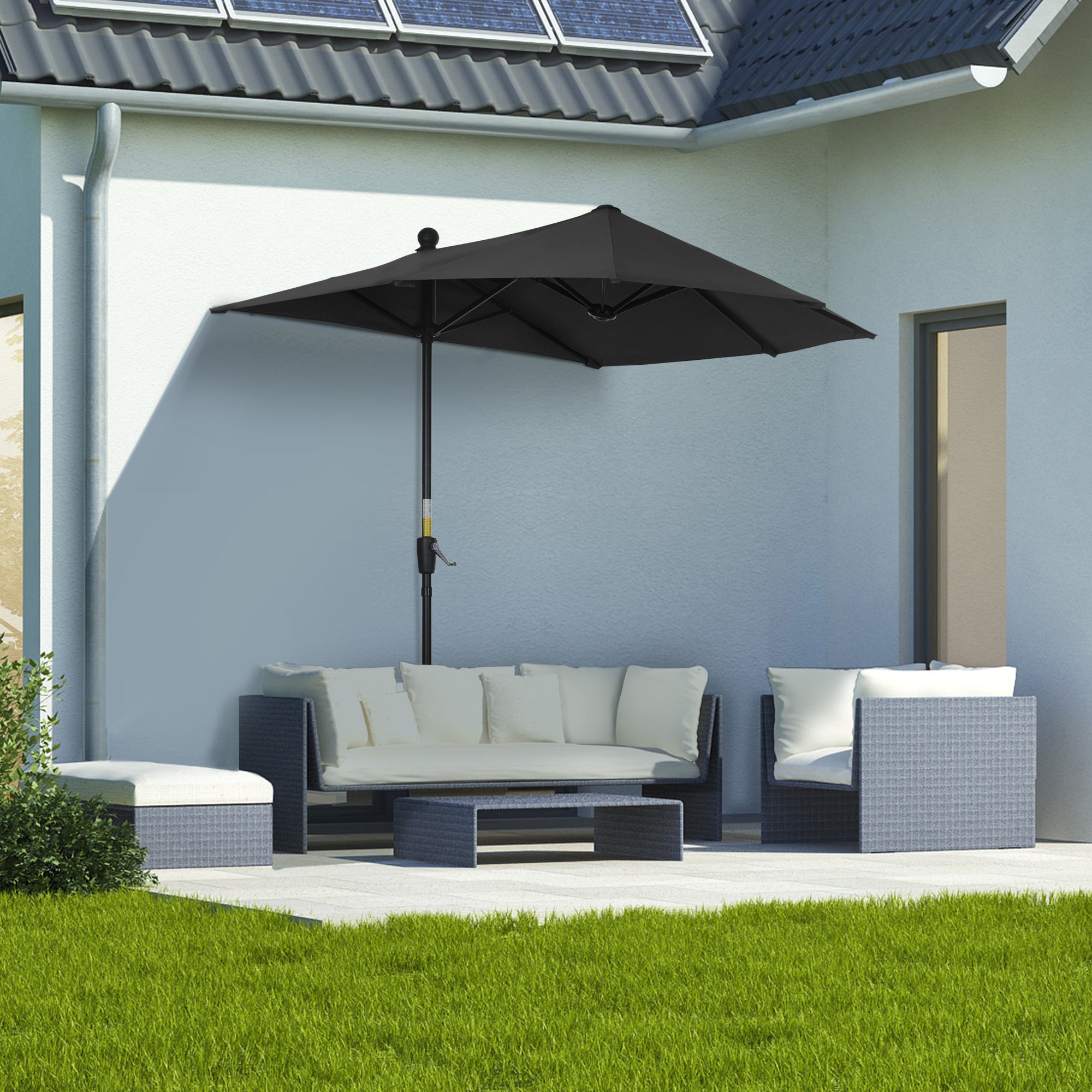 Outsunny 2m Half Parasol Market Umbrella Garden Balcony Parasol with Crank Handle, Base, Double-Sided Canopy, Black - North Peak Garden Furniture