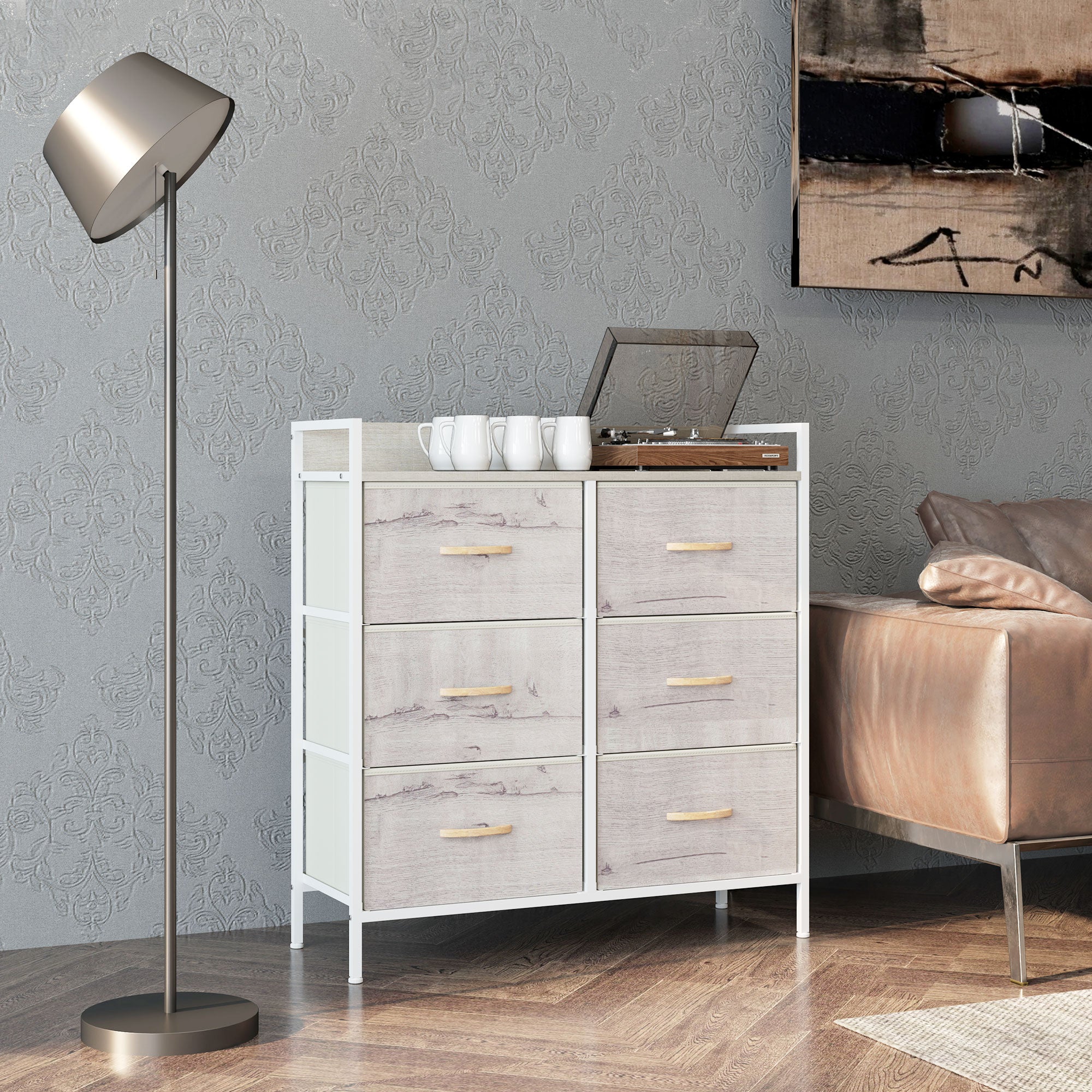 HOMCOM Rustic Chest of Six Fabric Drawers - Natural - North Peak Garden Furniture