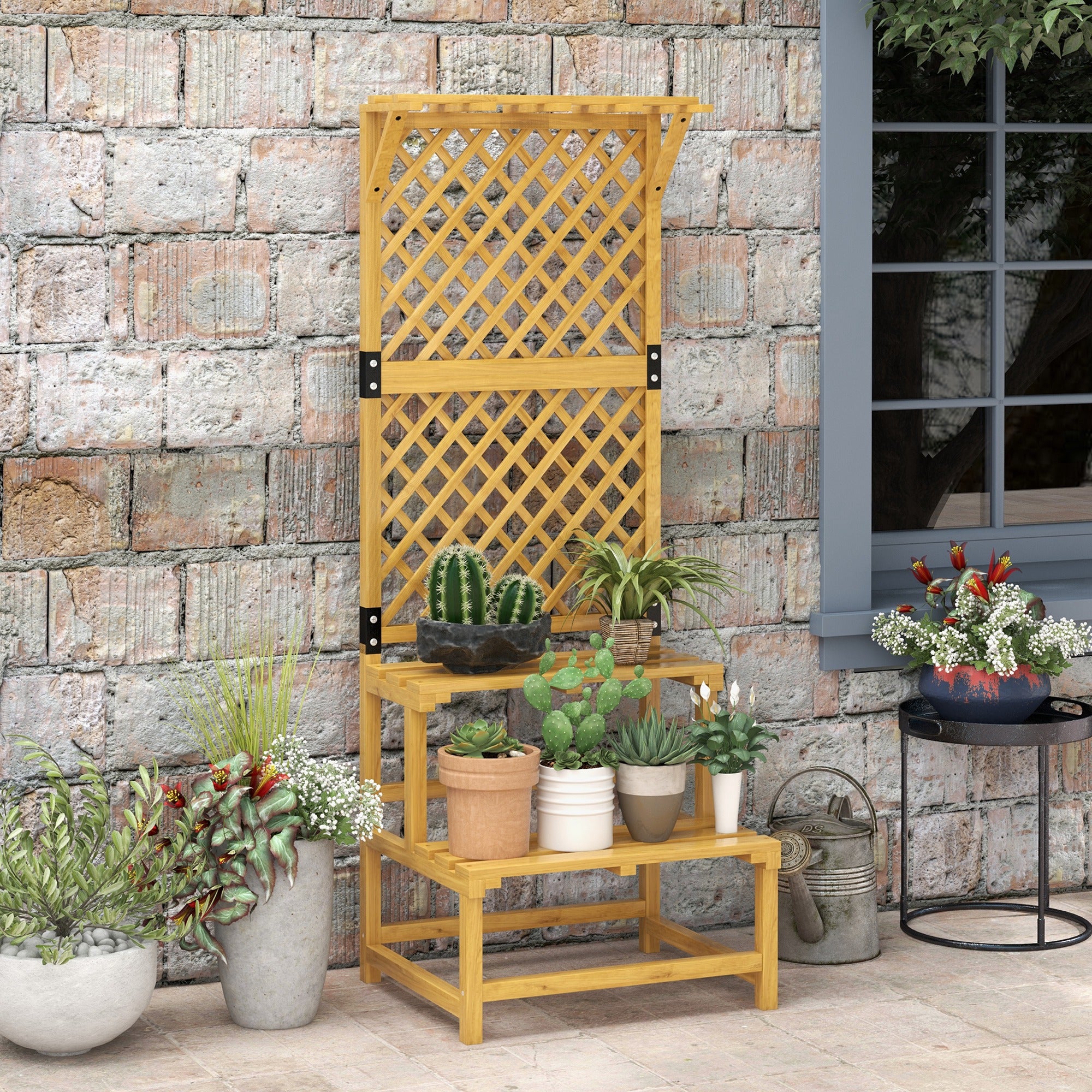 Outsunny Wooden Plant Stand with Trellis, Freestanding Raised Garden Bed for Climbing Plants, Planter Box to Grow Vegetables, Herbs and Flowers for Garden, Patio, Yellow - North Peak Garden Furniture