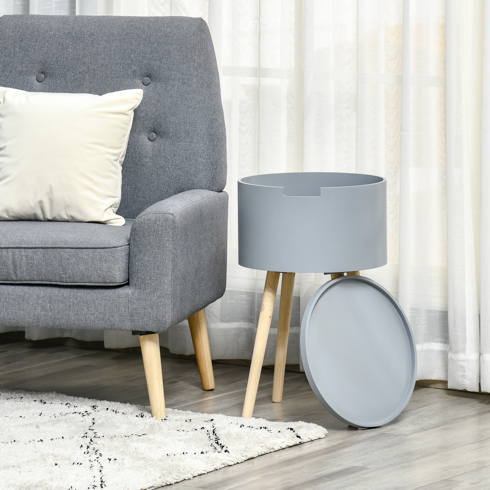 HOMCOM Modern Side Table with Hidden Storage Space, Round Night Stand with Removable Tray Wood Frame End Coffee Table for Living Room, Grey - North Peak Garden Furniture
