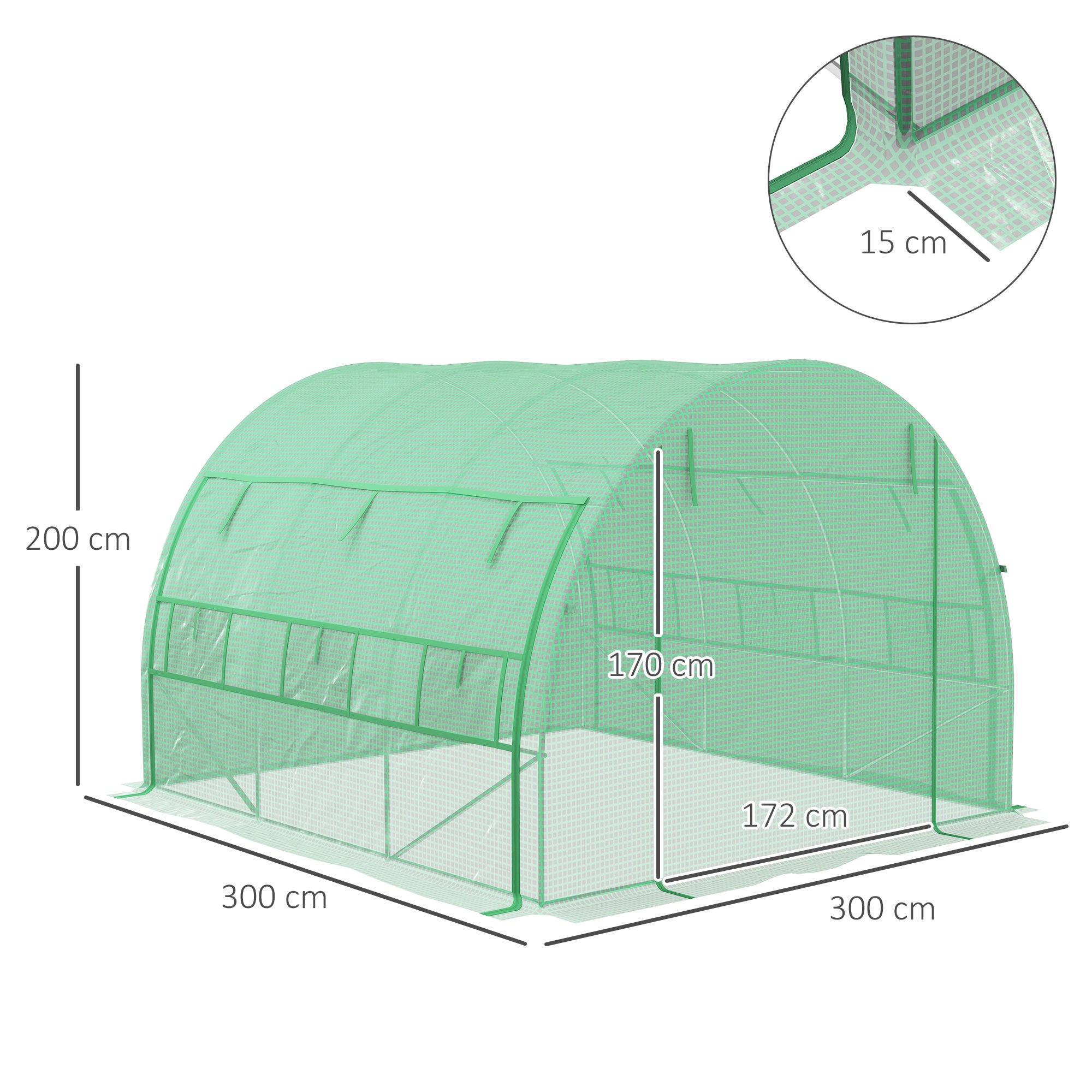 Outsunny Polytunnel Greenhouse Walk-in Grow House Tent with Roll-up Sidewalls, Zipped Door and 6 Windows, 3x3x2m Green - North Peak Garden Furniture