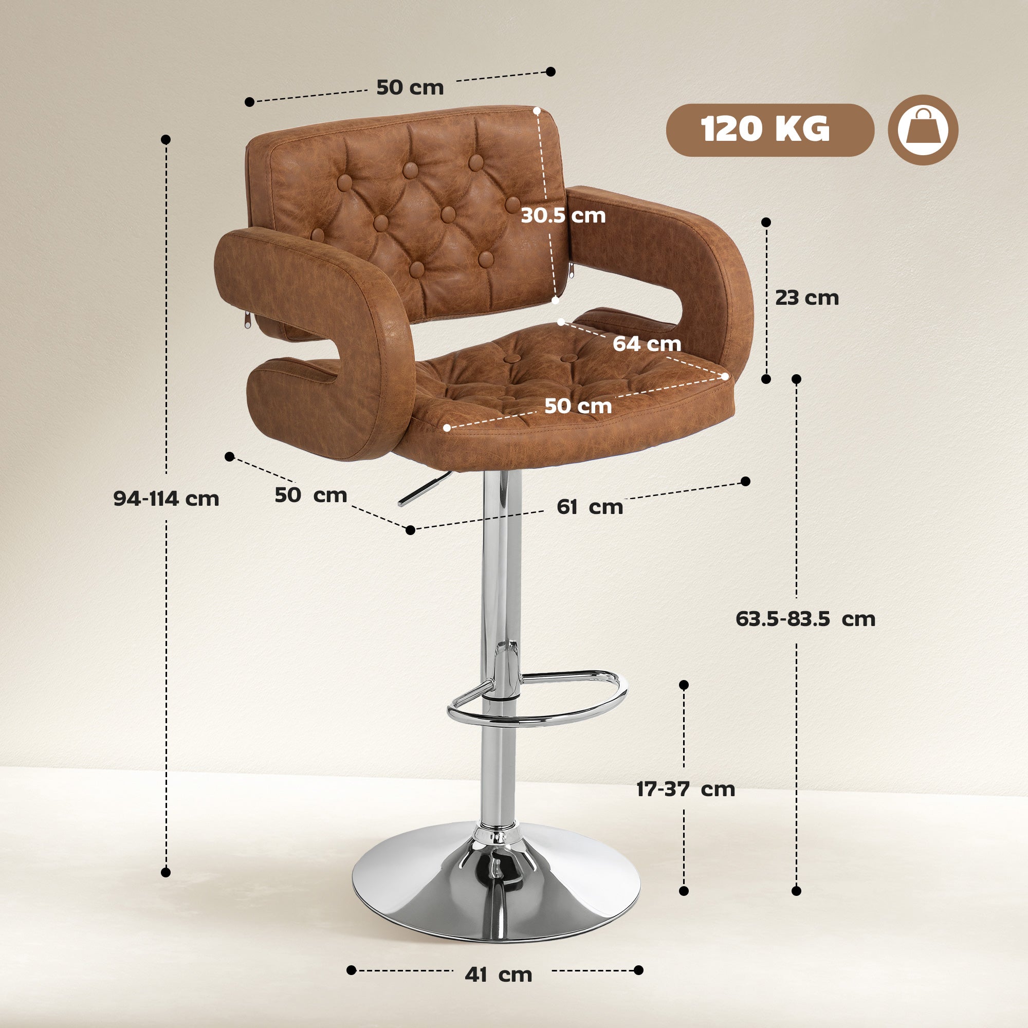 HOMCOM PU Leather Upholstered Swivel Bar Stool, Height Adjustable with Back, Armrest, Footrest, Brown