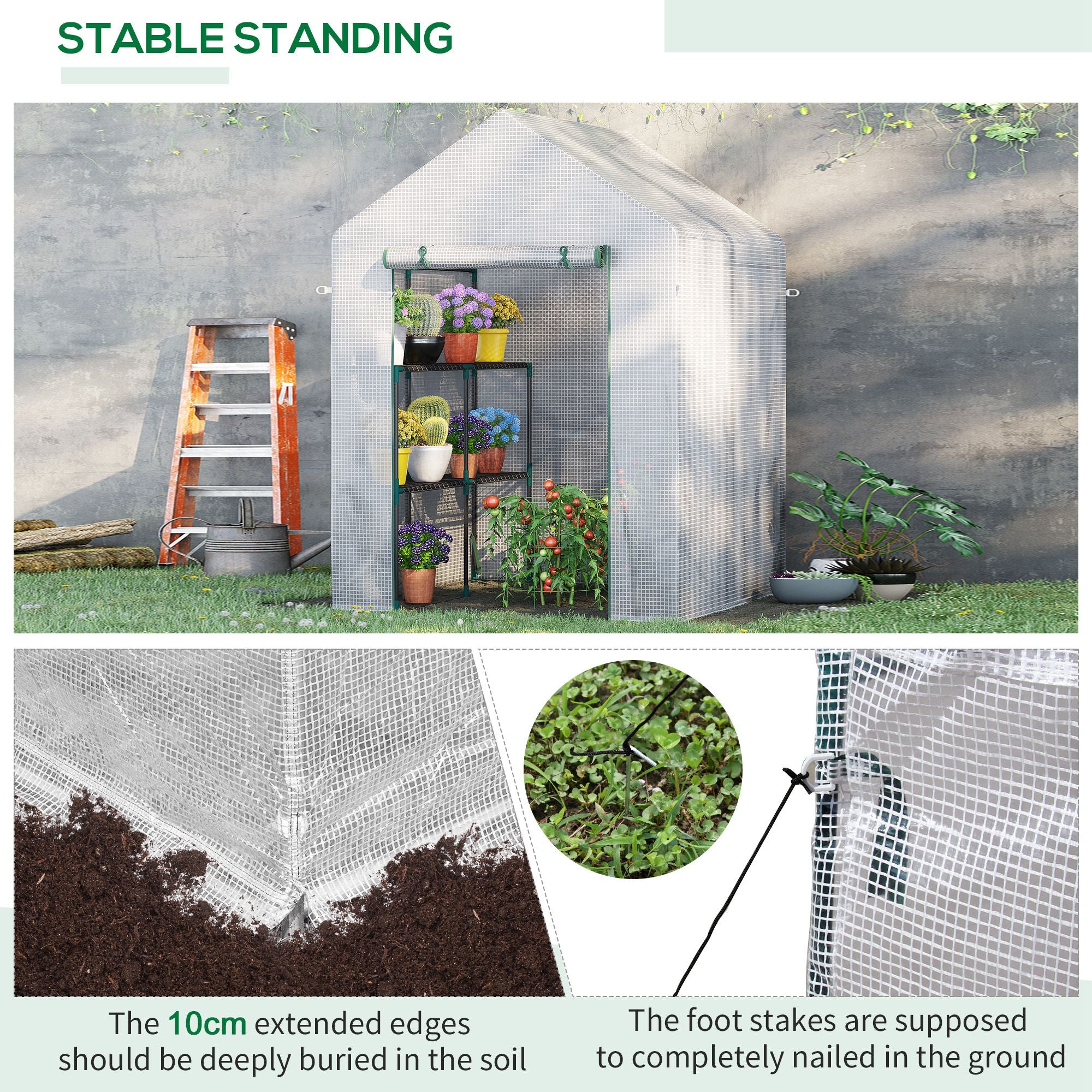 Outsunny Greenhouse for Outdoor, Portable Gardening Plant Grow House with 2 Tier Shelf, Roll-Up Zippered Door, PE Cover, 143 x 143 x 195cm, Green - North Peak Garden Furniture