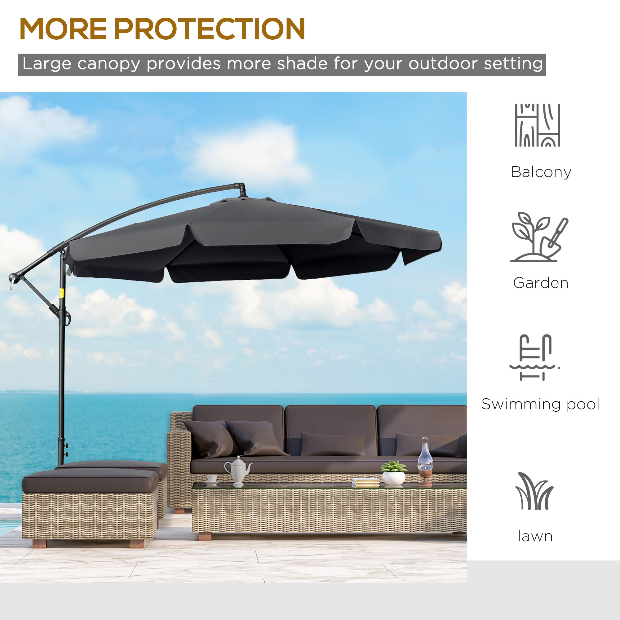 Outsunny 2.7m Garden Banana Parasol Cantilever Umbrella with Crank Handle and Cross Base for Outdoor, Hanging Sun Shade, Black - North Peak Garden Furniture