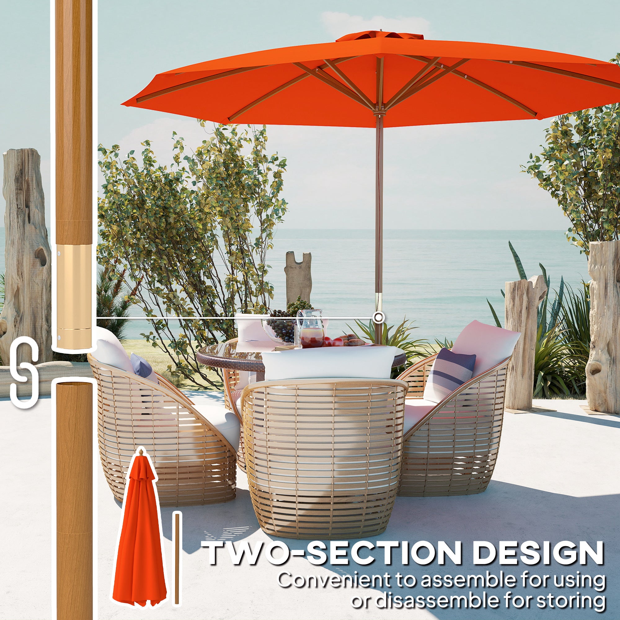 Outsunny 3m Wood Pole Parasol Umbrella - Orange - North Peak Garden Furniture