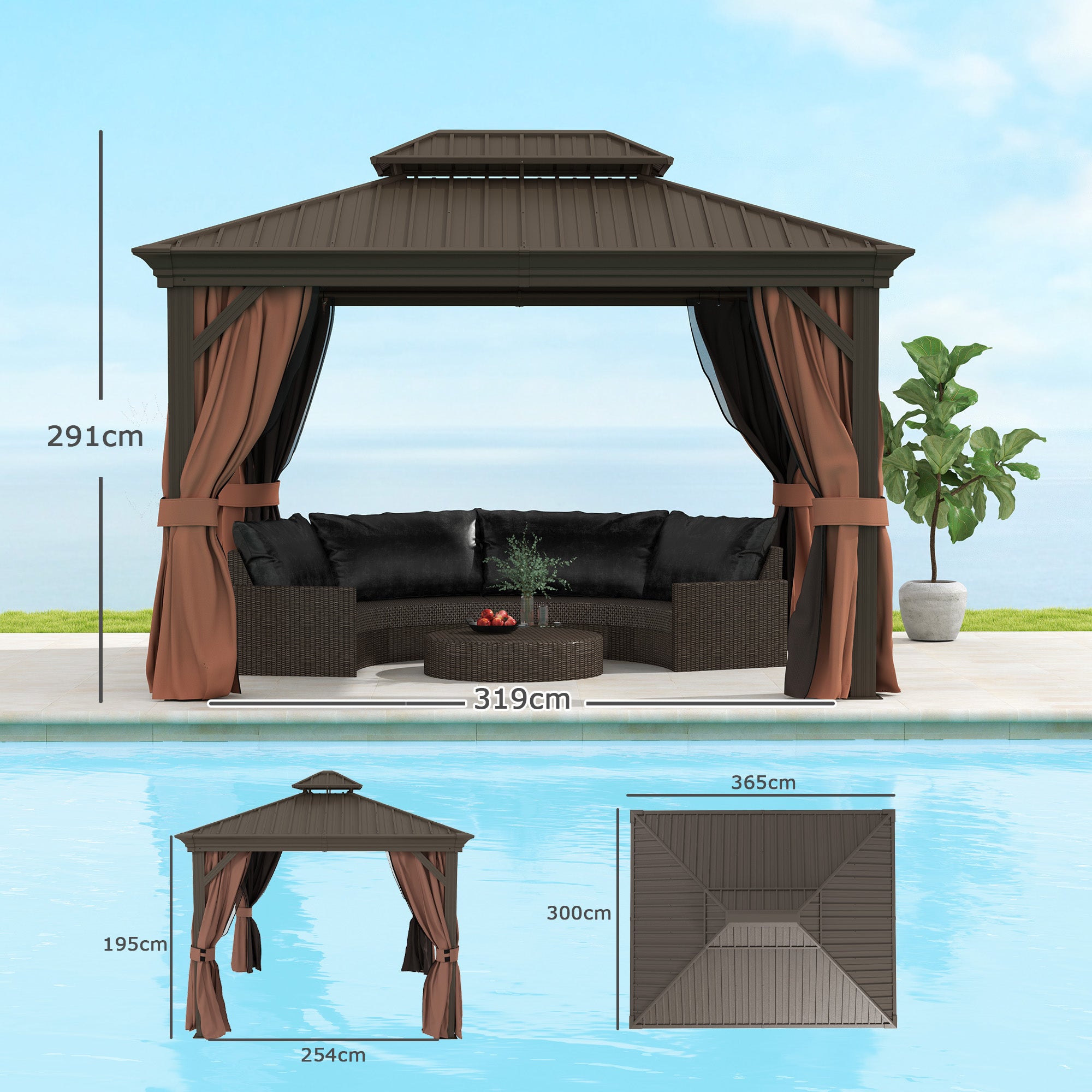 Outsunny 3 x 3.7m Outdoor Hardtop Gazebo Canopy Aluminium Frame with 2-Tier Roof & Mesh Netting Sidewalls for Patio, Dark Brown - North Peak Garden Furniture