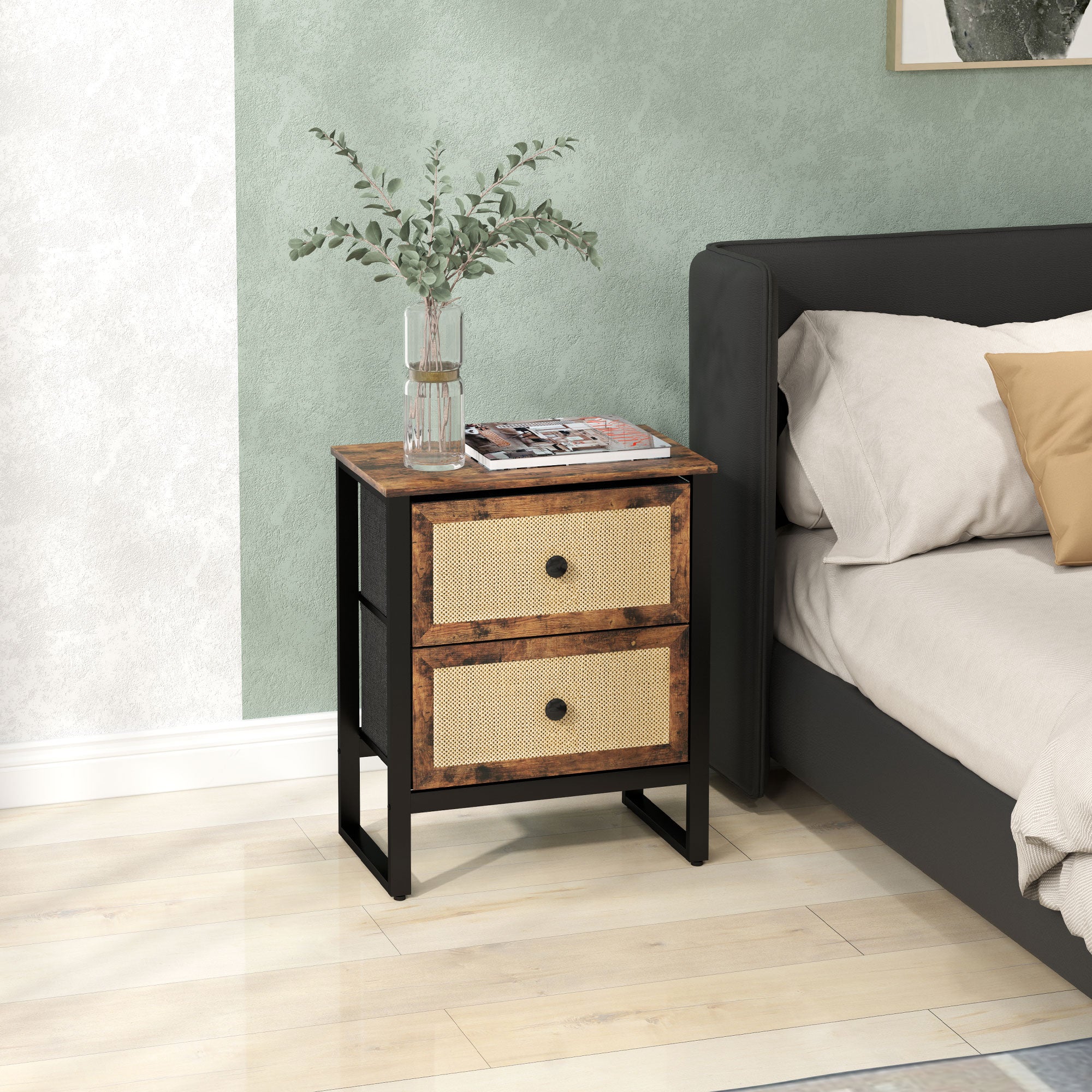 HOMCOM Bedside Table, Side Table with 2 Rattan Drawers, Bedside Cabinet with Storage and Steel Legs for Bedroom, Living Room, Rustic Brown - North Peak Garden Furniture