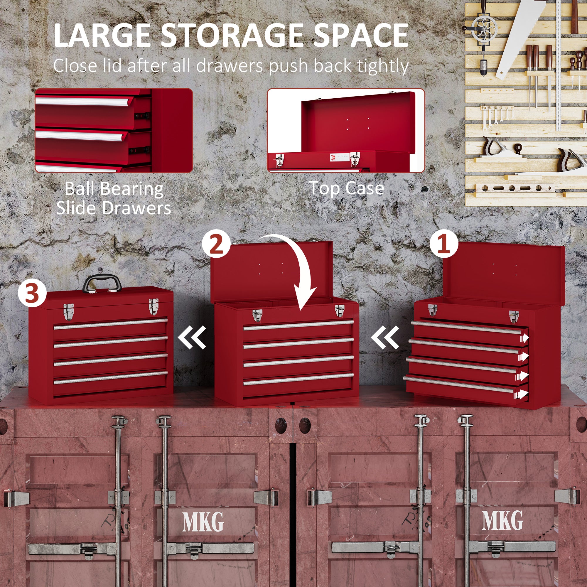 DURHAND Lockable Metal Tool Box, 4 Drawer Tool Chest with Latches, Handle, Ball Bearing Runners, Red - North Peak Garden Furniture